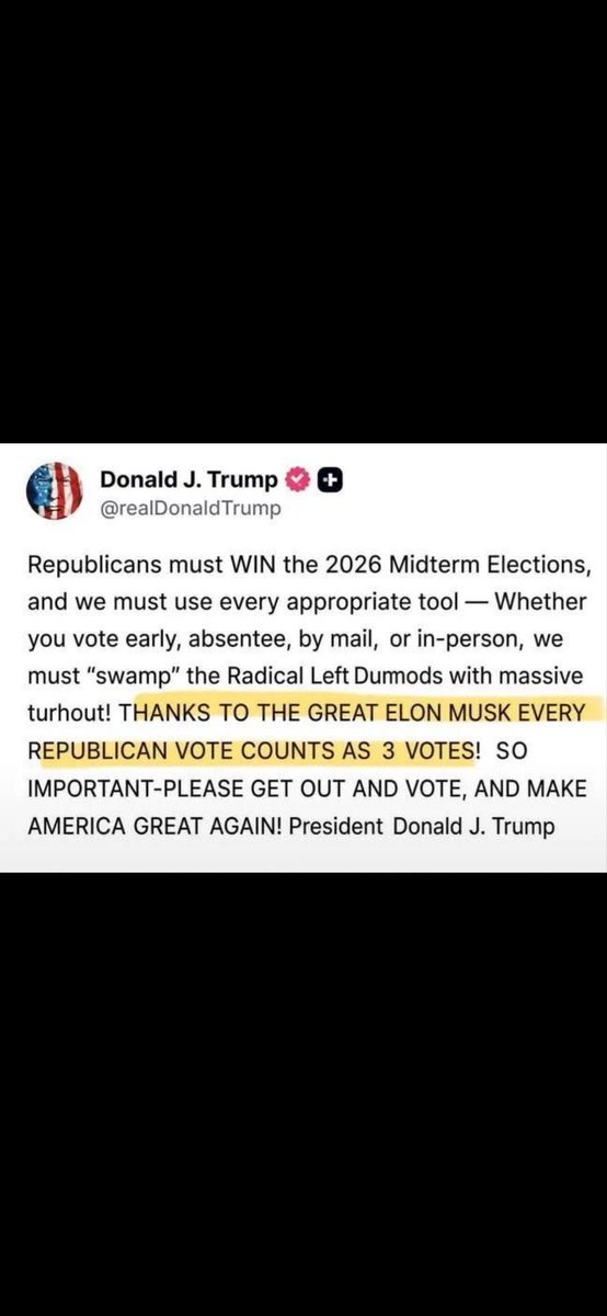 wally1906's tweet photo. @elonmusk do you know what @realDonaldTrump is talking about? You make each Republican vote count as 3? Did you do this in the 2024 election? Is he saying you help him cheat in 2024? So confused https://t.co/DYoBkYeXlY