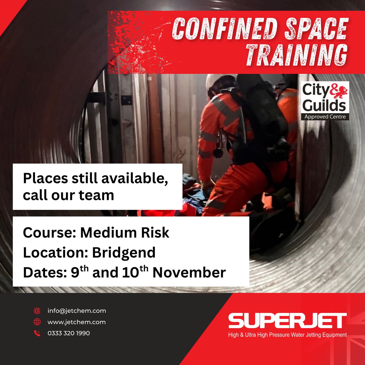 Superjet_UK's tweet photo. We have several spaces available for the below course. Call our team too book!

Medium Risk Confined Space Course
9th &amp; 10th November
Superjet Wales (Bridgend)

training@jetchem.com | 0333 320 1990

#confinedspace #training #teamsuperjet https://t.co/QMLy0iTReb