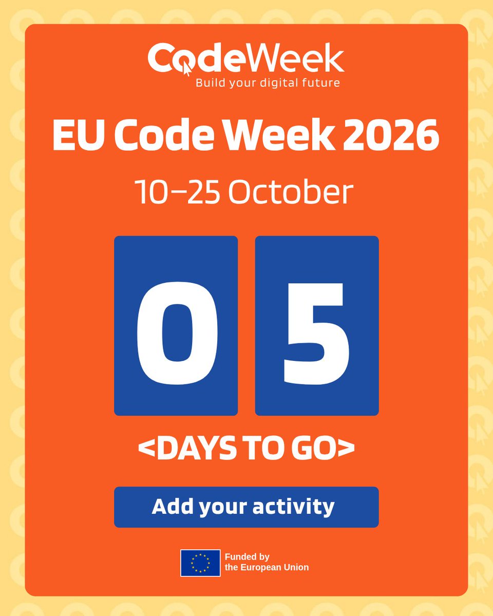CodeWeekEU's tweet photo. Only 5 days until #EUCodeWeek 2026! ⏳

Every workshop, classroom challenge, and digital project counts. Add your activity to the map to showcase your community's digital skills! 🗺️

👉 Register now: https://t.co/4lxuT2aSgK

Have you added yours yet? 👇

#EUCodeWeek #CodeWeek2026 https://t.co/OJrIwWPKkI