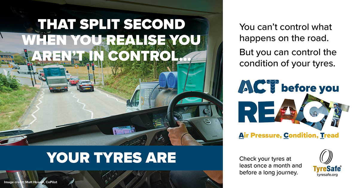 Tyresafe's tweet photo. In an HGV, stopping safely takes space. Add rain and that distance increases. Yet 94% of drivers underestimate the extra stopping distance needed in wet conditions at motorway speeds. Check your tyres and leave room to react. #TyreSafetyMonth #ACTBeforeYouREact https://t.co/gq97QYqyRz