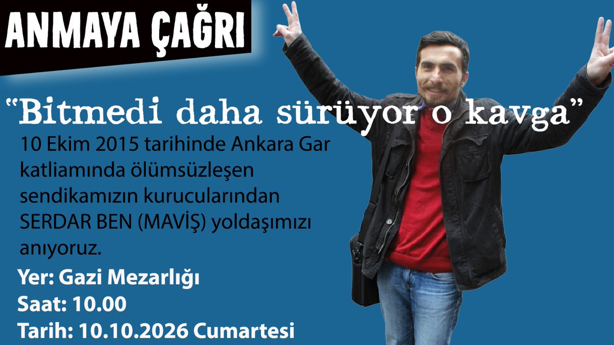 insaatsendika's tweet photo. Anmaya Çağrı…

SERDAR BEN ( MAVİŞ )

10 Ekim 2015 yılında, İŞİD çeteleri tarafından Ankara Gar’ında kalleşçe gerçekleştirilen bombalı saldırıda yaşamını yitiren yoldaşlarımızı anıyoruz. https://t.co/t6852hkGqM