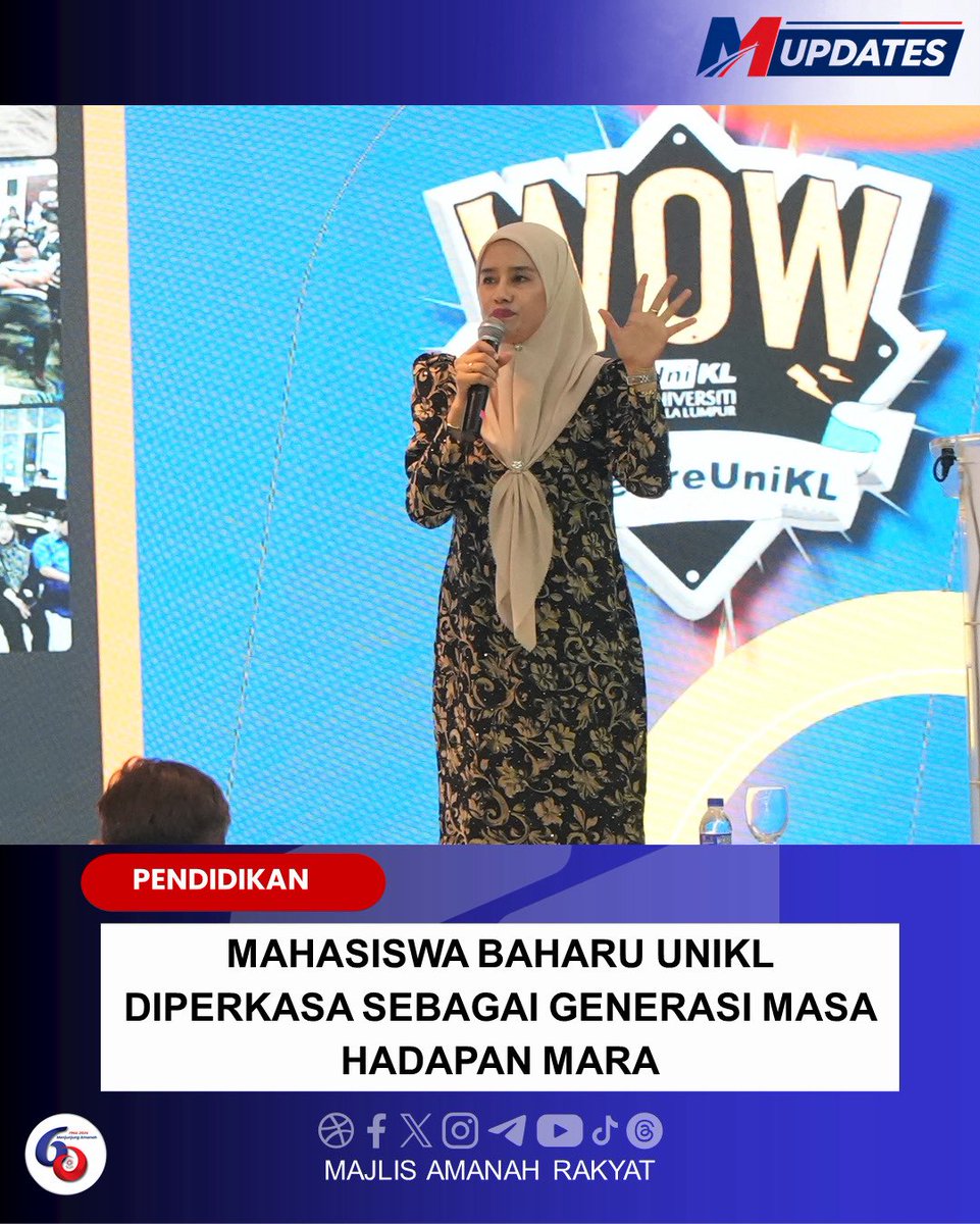 maragov's tweet photo. 𝗞𝗨𝗔𝗟𝗔 𝗟𝗨𝗠𝗣𝗨𝗥, 𝟱 𝗢𝗸𝘁𝗼𝗯𝗲𝗿 𝟮𝟬𝟮𝟲 – Mahasiswa baharu Universiti Kuala Lumpur (UniKL) diseru memanfaatkan peluang dan ruang yang tersedia sepanjang pengajian untuk membina kecemerlangan akademik, sahsiah, kepimpinan serta kemahiran yang diperlukan dalam mendepani cabaran masa hadapan.

Perkara itu menjadi antara penekanan dalam Majlis Ramah Mesra Pengarah Kanan Pelaburan MARA bersama mahasiswa baharu UniKL yang berlangsung di Dewan Kuliah Bestari, UniKL Malaysian Institute of Information Technology (UniKL MIIT), di sini hari ini. 

Majlis yang dihadiri YBhg. Puan Lailatul Asmah Mohd Tahir, Pengarah Kanan Pelaburan MARA itu turut diisi dengan ucaptama dan sesi interaksi bersama mahasiswa, sekali gus membuka ruang perkongsian secara lebih dekat dengan generasi baharu UniKL. 

Program berkenaan menjadi platform untuk memperkukuh hubungan antara MARA, UniKL dan mahasiswa baharu, di samping menyemai semangat kecemerlangan akademik, kepimpinan, pembangunan sahsiah serta jati diri dalam kalangan mahasiswa selaras dengan aspirasi pendidikan MARA. 

Turut berlangsung ialah Pelancaran Ikhtisar Eksekutif Buku Panduan Pembangunan Pelajar UniKL atau 𝘚𝘵𝘶𝘥𝘦𝘯𝘵 𝘋𝘦𝘷𝘦𝘭𝘰𝘱𝘮𝘦𝘯𝘵 𝘏𝘢𝘯𝘥𝘣𝘰𝘰𝘬 (SDH) sebagai usaha memperkukuh pembangunan mahasiswa secara holistik, progresif dan berasaskan kompetensi. SDH menyediakan kerangka yang menghubungkan pengalaman akademik, kokurikulum, profesional, industri, keusahawanan, kepimpinan dan kemasyarakatan dalam satu ekosistem pembangunan mahasiswa yang menyeluruh dan bersepadu, berteraskan R.I.S.E. – 𝘙𝘦𝘴𝘪𝘭𝘪𝘦𝘯𝘤𝘦, 𝘐𝘯𝘯𝘰𝘷𝘢𝘵𝘪𝘰𝘯, 𝘚𝘶𝘴𝘵𝘢𝘪𝘯𝘢𝘣𝘪𝘭𝘪𝘵𝘺 𝘥𝘢𝘯 𝘌𝘯𝘵𝘳𝘦𝘱𝘳𝘦𝘯𝘦𝘶𝘳𝘴𝘩𝘪𝘱 bagi membentuk mahasiswa yang berdaya tahan, inovatif, berjiwa keusahawanan serta bersedia menghadapi perubahan dan keperluan masa hadapan. 

Penganjuran program ini sekali gus memperkukuh usaha melahirkan mahasiswa UniKL yang kompeten, berintegriti, inovatif, berdaya tahan serta mempunyai jati diri yang kukuh, di samping menyemai kebanggaan menjadi sebahagian daripada Gen MARA dan warga UniKL.