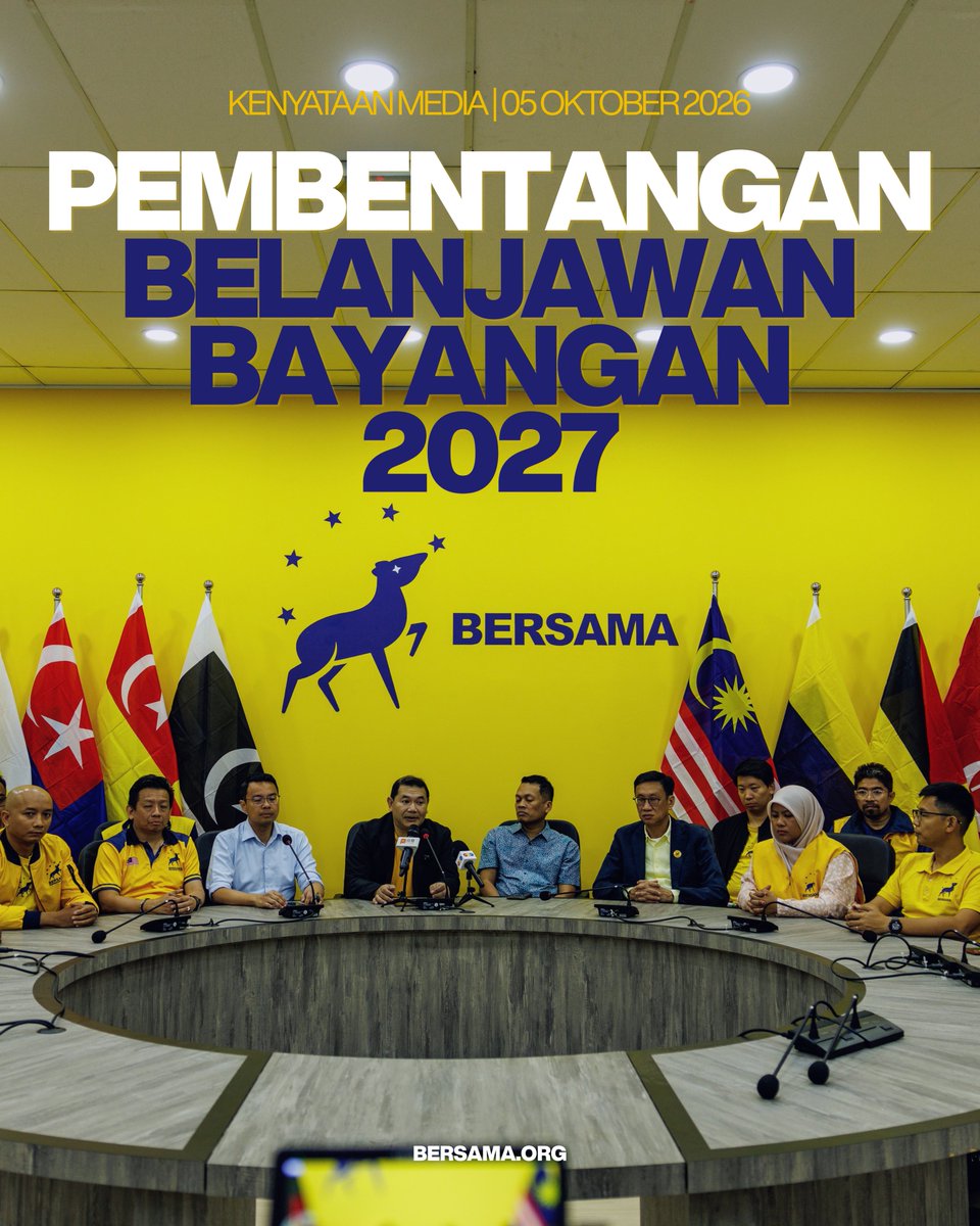 rafiziramli's tweet photo. 𝗞𝗘𝗡𝗬𝗔𝗧𝗔𝗔𝗡 𝗠𝗘𝗗𝗜𝗔
5 𝘖𝘬𝘵𝘰𝘣𝘦𝘳 2026

𝗣𝗘𝗠𝗕𝗘𝗡𝗧𝗔𝗡𝗚𝗔𝗡 𝗕𝗘𝗟𝗔𝗡𝗝𝗔𝗪𝗔𝗡 𝗕𝗔𝗬𝗔𝗡𝗚𝗔𝗡 𝟮𝟬𝟮𝟳

BERSAMA akan membentangkan Belanjawan Bayangan 2027 pada hari Rabu, 7 Oktober ini jam 8 malam di Ibu Pejabat BERSAMA.

Sementara pentas politik terus kecoh dengan pelbagai drama politik, tumpuan yang sama sepatutnya diberikan kepada perkara-perkara dasar yang ada kesan besar kepada kehidupan seharian rakyat.

Malangnya, perkara seperti ini tidak diberikan perhatian oleh parti-parti politik atau pun masyarakat.

Akhirnya, belanjawan yang dibentangkan kerajaan setiap tahun menjadi acara menunggu gula-gula yang bakal diumumkan.

Belanjawan 2027 berkemungkinan belanjawan terakhir pentadbiran Dato’ Seri Anwar Ibrahim sebelum PRU16.

Sebarang program atau dasar berbentuk gula-gula yang menelan peruntukan tinggi akan mempunyai kesan besar kepada kedudukan kewangan negara dan beban yang akan diwariskan kepada generasi masa depan.

Belanjawan Bayangan 2027 akan menggariskan pendekatan alternatif dalam menangani cabaran-cabaran utama negara. Ia telah melalui proses ekonometrik yang sewajarnya, untuk memastikan angka-angka yang digunakan adalah berasaskan realiti.

Ada beberapa anjakan besar yang dicadangkan yang mencabar pendekatan “business-as-usual” dan “conventional wisdom” yang menjadi asas kepada belanjawan-belanjawan kerajaan sebelum ini.

Pembentangan Belanjawan Bayangan 2027 oleh BERSAMA akan disusuli dengan satu forum yang melibatkan tokoh-tokoh ekonomi bebas.

Saya menjemput orang ramai, pihak media, ahli akademik dan aktivis untuk hadir ke majlis pembentangan Belanjawan Bayangan 2027 di Ibu Pejabat BERSAMA pada hari Rabu, 7 Oktober ini.

Ahli BERSAMA dan orang ramai boleh mendaftar kehadiran di laman https://t.co/6vXmDO7QDX, klik “Acara” dan pilih Belanjawan Bayangan.

Dokumen Belanjawan Bayangan 2027 akan dimuat naik ke laman https://t.co/6vXmDO7QDX dan boleh diakses orang ramai bermula jam 8 malam, 7 Oktober 2026.

5 𝘖𝘬𝘵𝘰𝘣𝘦𝘳 2026

Bagi pihak 𝗕𝗘𝗥𝗦𝗔𝗠𝗔

𝗥𝗔𝗙𝗜𝗭𝗜 𝗥𝗔𝗠𝗟𝗜