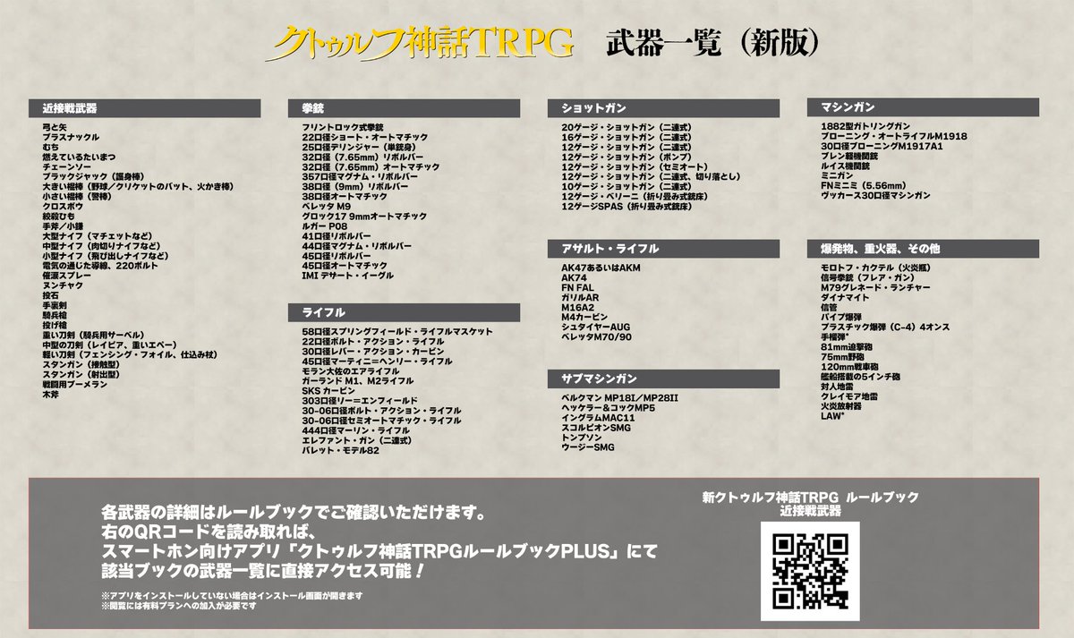 cthulhumasters's tweet photo. 【#クトゥルフ神話TRPG 武器一覧】
公式アプリ #CoCルルブプラス で詳細を確認できる
クラシック版、新版の武器一覧です！

時には武器を手に取り、悪夢と狂気の世界に挑む探索者たち。
時代設定によっては馴染みのないものから、いざというときに使える身近なものまで沢山の選択肢があります📖

クトゥルフ2010、2015、2020などのソースブックも収録されているので、武器名＋絞り込み機能を使えば気になる項目をすぐに探し出すことも可能です！
探索者の作成やシナリオ制作にぜひご活用ください！

※一部書籍はプレミアムプラン、レンタルにて閲覧できます。

▼詳細はツリーへ