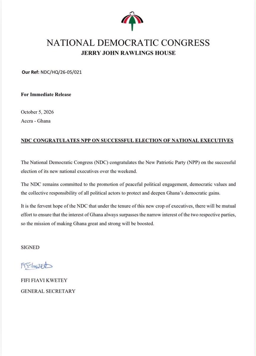 jasiedunketiah's tweet photo. Congratulations to the New Patriotic Party on the successful conduct of their national elections, and to every officer elected last Saturday. https://t.co/FRyO8nVHgN