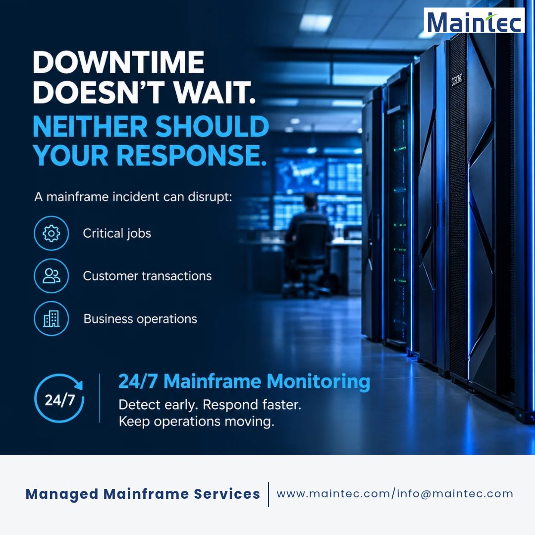 Maintec_Tech's tweet photo. With 24/7 monitoring and proactive support, organizations can identify issues earlier, respond faster, and keep critical workloads running reliably
https://t.co/ITNKo77FE4

#Mainframe #IBMMainframe #MainframeServices #ManagedMainframeServices #ManagedServices #Operations #Maintec https://t.co/DaZpw1AkWt