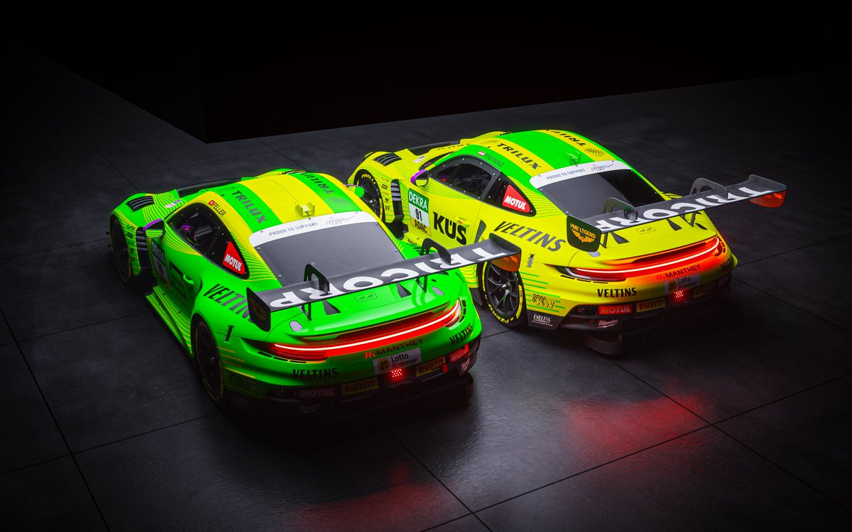 manthey_racing's tweet photo. Two special liveries. Two @DTM championships on the line. 💛💚

Marking 30 years of #Manthey and 10 years of #Grello, our #Porsche 911 GT3 R No. 90 and No. 91 will line up for the #DTM finale in two designs created to celebrate our anniversary year.🚀🏁 https://t.co/lMjOeV5QF9