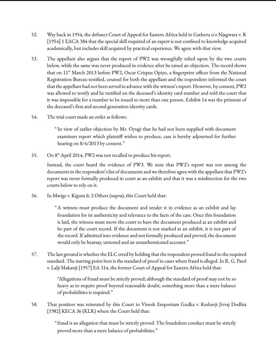 Lexken_EMSLaw's tweet photo. 🚨 Court provides guidelines on how to prove that land was taken through a forged transfer.

This is Joseph Patrick Wang'ang'a v Patrick Kimethu, Civil Appeal No. E19 of 2020. Here is what it means.

A father said his son asked him to sign some forms, supposedly to help with an electricity connection. He later discovered that his 4.8 acre parcel had been moved into the son's name. The father still held the original title, and a forensic examination found that the signature on the transfer did not match his own. The Court of Appeal upheld the cancellation of the son's registration and the return of the land to the late father's estate.

However, the deeper lesson is about how you win a case like this, not just that it can be won.

First, fraud must be specifically pleaded. You cannot simply say there was fraud. Under Order 2 Rule 4 of the Civil Procedure Rules, you must set out exactly what was done and by whom. The Court held this is no mere technicality. It protects the other side's right to know precisely what is alleged against them and to answer it, which is part of a fair hearing. And Article 159 of the Constitution, which tells courts not to be slaves to procedure, cannot be used as a magic wand to cure a gap that denies a party that fair hearing.

Second, fraud must be strictly proved. The standard is higher than the ordinary balance of probabilities used in most civil cases, though it stops short of proof beyond reasonable doubt. Here the Court weighed the totality of the evidence, the father's continued possession of the original title and the forensic signature mismatch, and found the transfer was procured by fraud. Notably, it disregarded a fingerprint report that had never been formally produced as an exhibit, and still found the remaining evidence enough.

A strict pleading rule and a raised standard of proof protect honest owners from having their title undone on loose or vague accusations, because fraud is a grave charge. Yet land fraud is widespread, and many victims are ordinary people who may struggle to assemble forensic proof. Set the bar too low and titles become fragile. Set it too high and genuine victims cannot recover what was stolen. This decision says the bar is real, but it can be met with the right preparation.

Key takeaway: if your land was transferred without your knowledge, saying there was fraud is not a case. You must identify what was done, who did it, and prove it to a high standard. Proper pleadings, forensic evidence and a careful trace of the transaction are what win.

👉 Follow @Lexken_EMSLaw for practical legal insights on land law and fraud.
