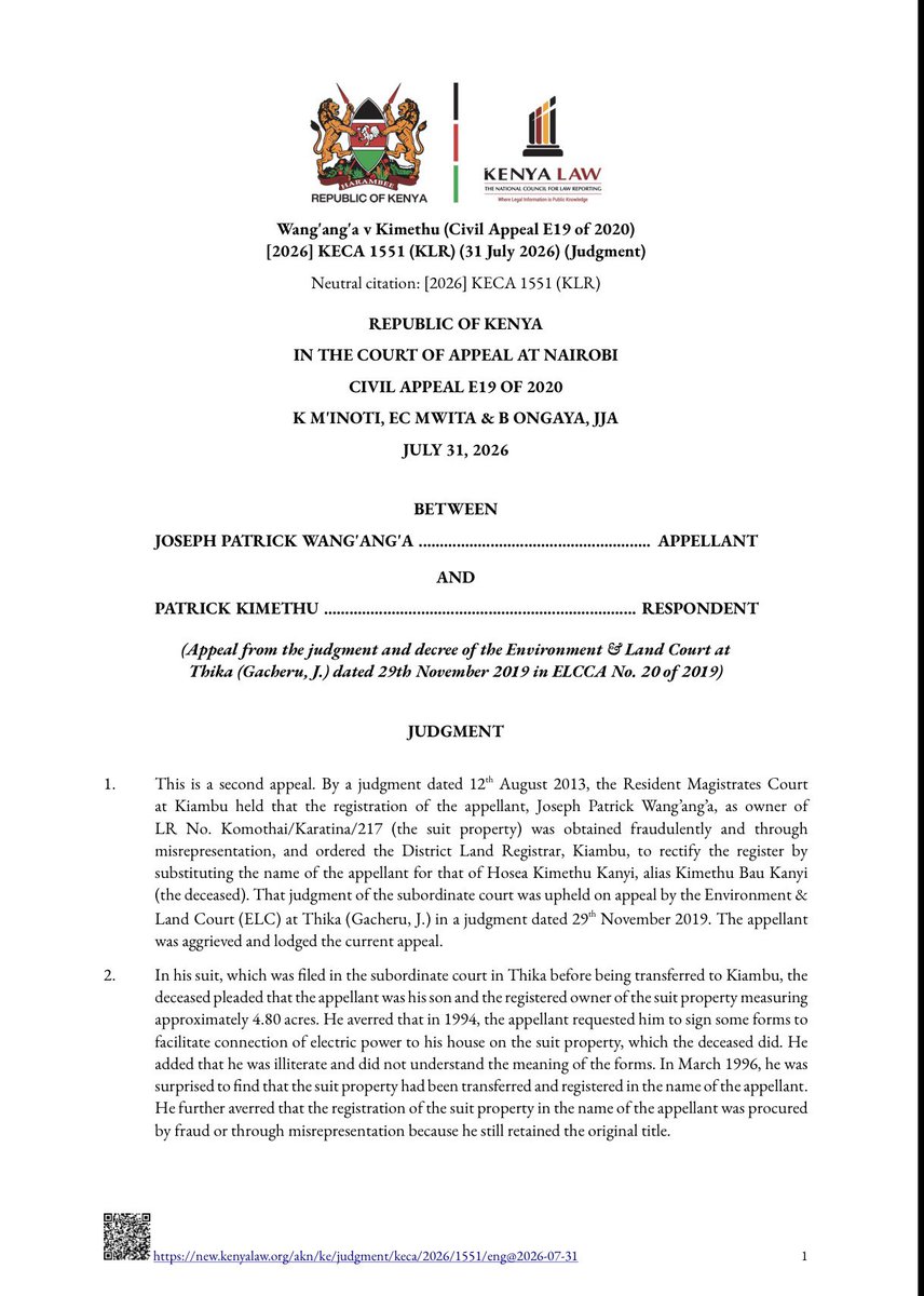 Lexken_EMSLaw's tweet photo. 🚨 Court provides guidelines on how to prove that land was taken through a forged transfer.

This is Joseph Patrick Wang'ang'a v Patrick Kimethu, Civil Appeal No. E19 of 2020. Here is what it means.

A father said his son asked him to sign some forms, supposedly to help with an electricity connection. He later discovered that his 4.8 acre parcel had been moved into the son's name. The father still held the original title, and a forensic examination found that the signature on the transfer did not match his own. The Court of Appeal upheld the cancellation of the son's registration and the return of the land to the late father's estate.

However, the deeper lesson is about how you win a case like this, not just that it can be won.

First, fraud must be specifically pleaded. You cannot simply say there was fraud. Under Order 2 Rule 4 of the Civil Procedure Rules, you must set out exactly what was done and by whom. The Court held this is no mere technicality. It protects the other side's right to know precisely what is alleged against them and to answer it, which is part of a fair hearing. And Article 159 of the Constitution, which tells courts not to be slaves to procedure, cannot be used as a magic wand to cure a gap that denies a party that fair hearing.

Second, fraud must be strictly proved. The standard is higher than the ordinary balance of probabilities used in most civil cases, though it stops short of proof beyond reasonable doubt. Here the Court weighed the totality of the evidence, the father's continued possession of the original title and the forensic signature mismatch, and found the transfer was procured by fraud. Notably, it disregarded a fingerprint report that had never been formally produced as an exhibit, and still found the remaining evidence enough.

A strict pleading rule and a raised standard of proof protect honest owners from having their title undone on loose or vague accusations, because fraud is a grave charge. Yet land fraud is widespread, and many victims are ordinary people who may struggle to assemble forensic proof. Set the bar too low and titles become fragile. Set it too high and genuine victims cannot recover what was stolen. This decision says the bar is real, but it can be met with the right preparation.

Key takeaway: if your land was transferred without your knowledge, saying there was fraud is not a case. You must identify what was done, who did it, and prove it to a high standard. Proper pleadings, forensic evidence and a careful trace of the transaction are what win.

👉 Follow @Lexken_EMSLaw for practical legal insights on land law and fraud.