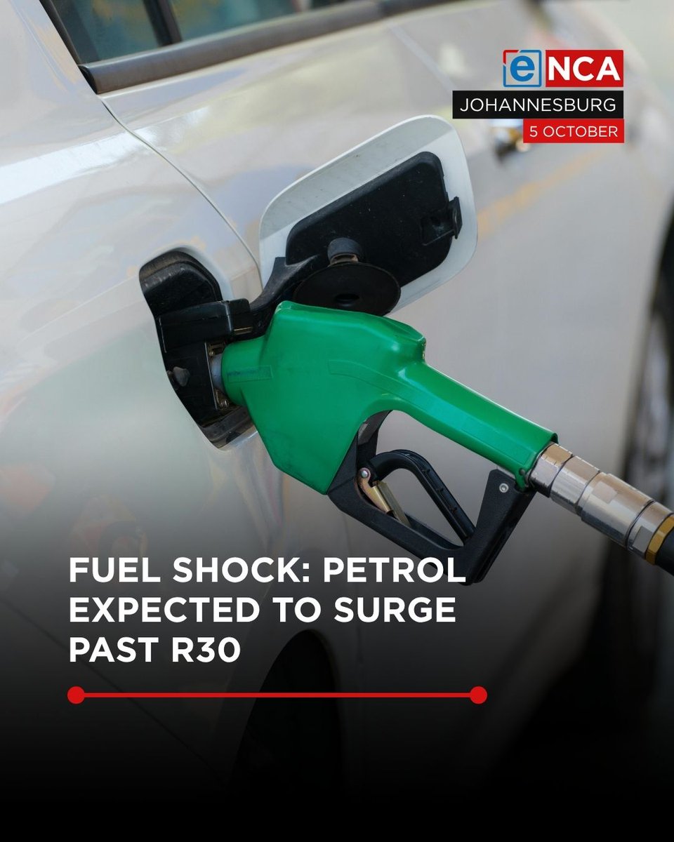 eNCA's tweet photo. Petrol is expected to breach the R30-a-litre mark for the first time on Wednesday. The latest data points to an increase of more than R3 per litre for 95 unleaded petrol. #eNCA

Click the link to read more: https://t.co/QyeAytbYlq https://t.co/BAvvP558YI