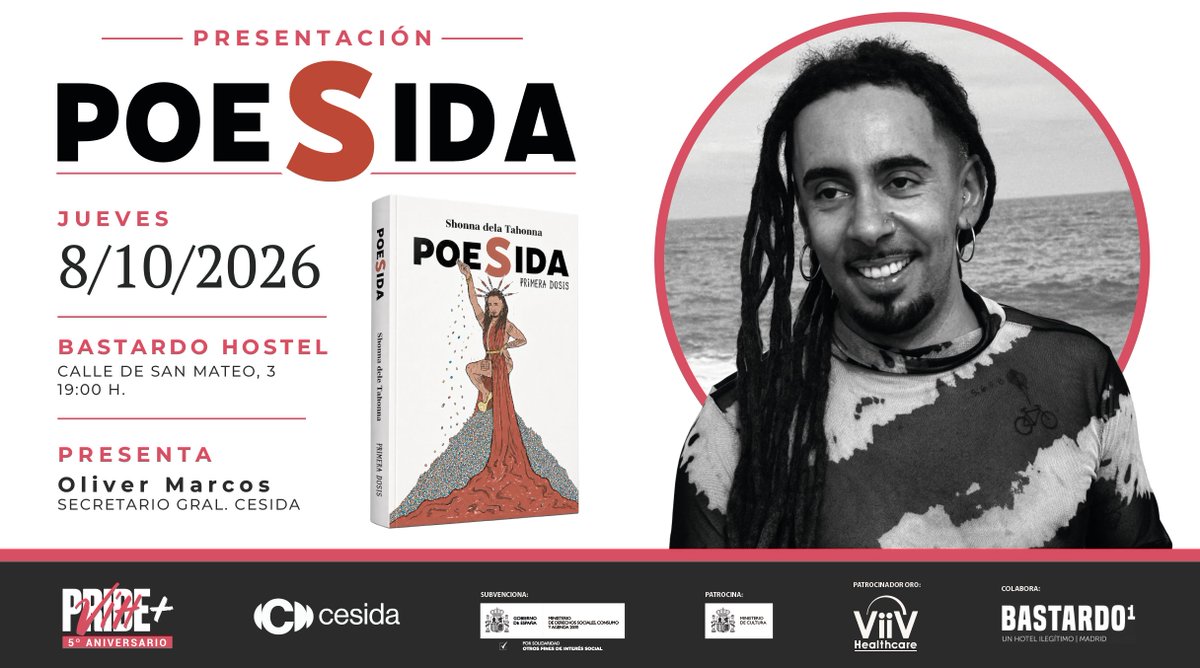 cesida_esp's tweet photo. Llega a España "Poesida. Primera dosis", de Shonna dela Tahonna: un libro que mezcla poesía y relatos breves para hablar de vivir con VIH desde un lugar marika, provocador y desobediente.  Acompáñanos a este encuentro literario:

📅 8 de octubre
🕖 19:00 h
📍 Bastardo Hostel

Más info: https://t.co/5FzmyIHuel