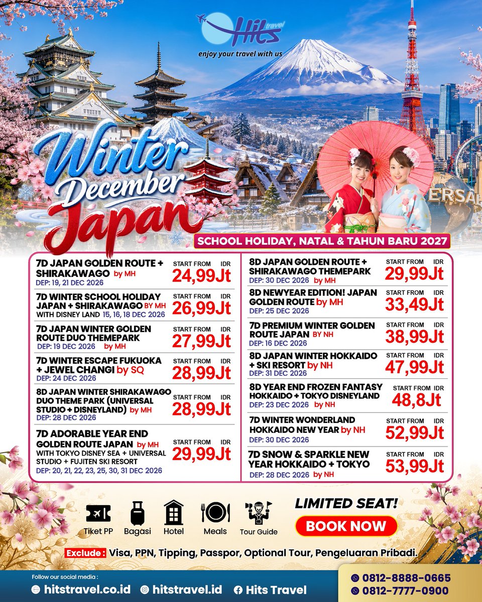 Yas20RJ's tweet photo. Jepang School Holiday &amp; Nataru Desember 2026

Nikmati winter di Tokyo, Osaka, Kyoto, Shirakawago, dan theme park. Paket mulai Rp24 jutaan dengan pilihan itinerary dan departure. Seat akhir tahun terbatas, segera cek ketersediaan. https://t.co/gmLqn1RYwC