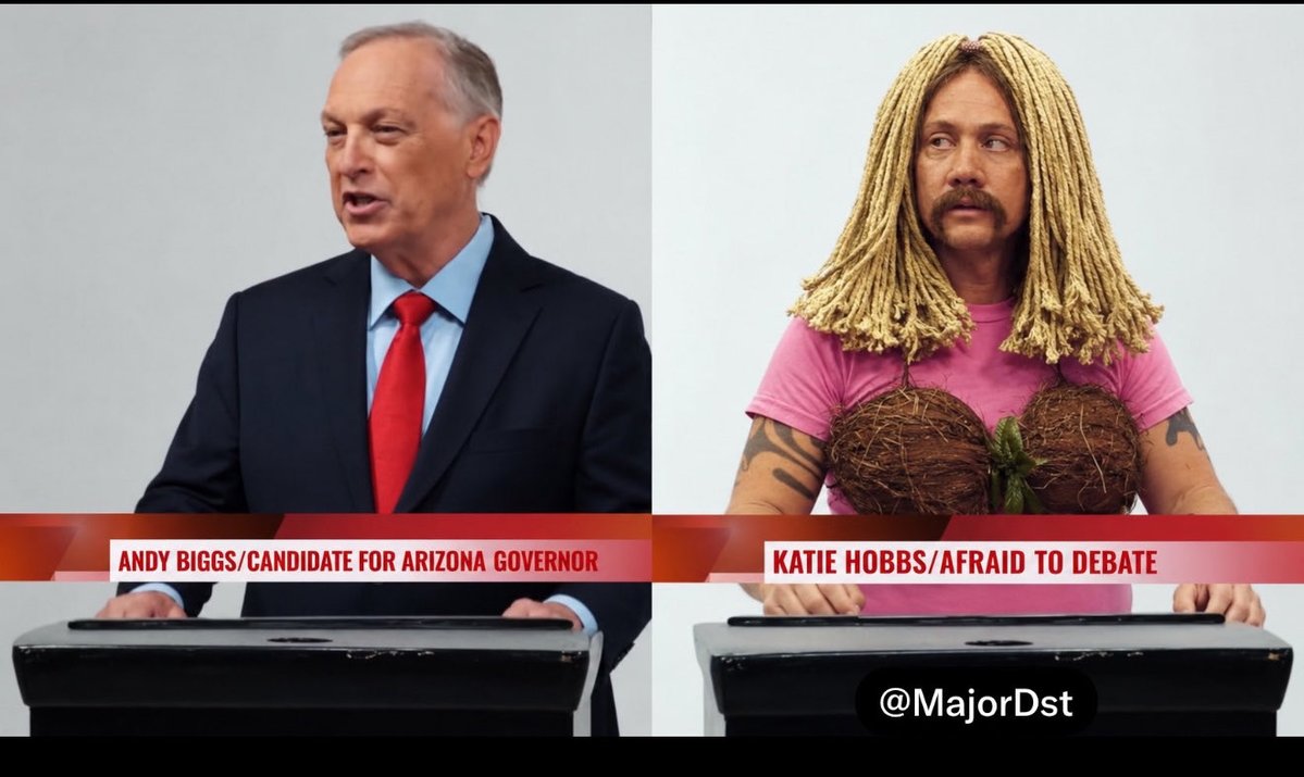 RobSchneider's tweet photo. My fellow Arizonans,
Katie Hobbs refusal to debate to defend her record is inexcusable and disqualifying. PLEASE VOTE HER OUT‼️
 VOTE @andybiggs4az FOR GOVERNOR https://t.co/XKbVqcG1gL