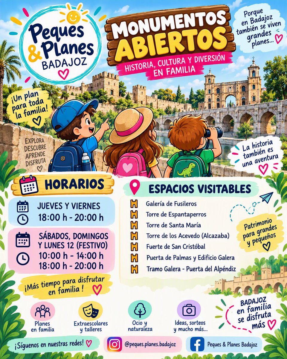 pequesplanesbjz's tweet photo. ¡PLANAZO GRATIS en Badajoz! 🏰✨
Abren 7 monumentos que normalmente están cerrados.
¡A jugar a exploradores en familia!
🕒 Jue y Vie: 18-20h
🕒 Sab, Dom y Lun 12 festivo: 10-14h y 18-20h
¿Te vienes?
#Badajoz #pequesplanesbadajoz #ciudaddbadajoz https://t.co/MprfcaRkwA