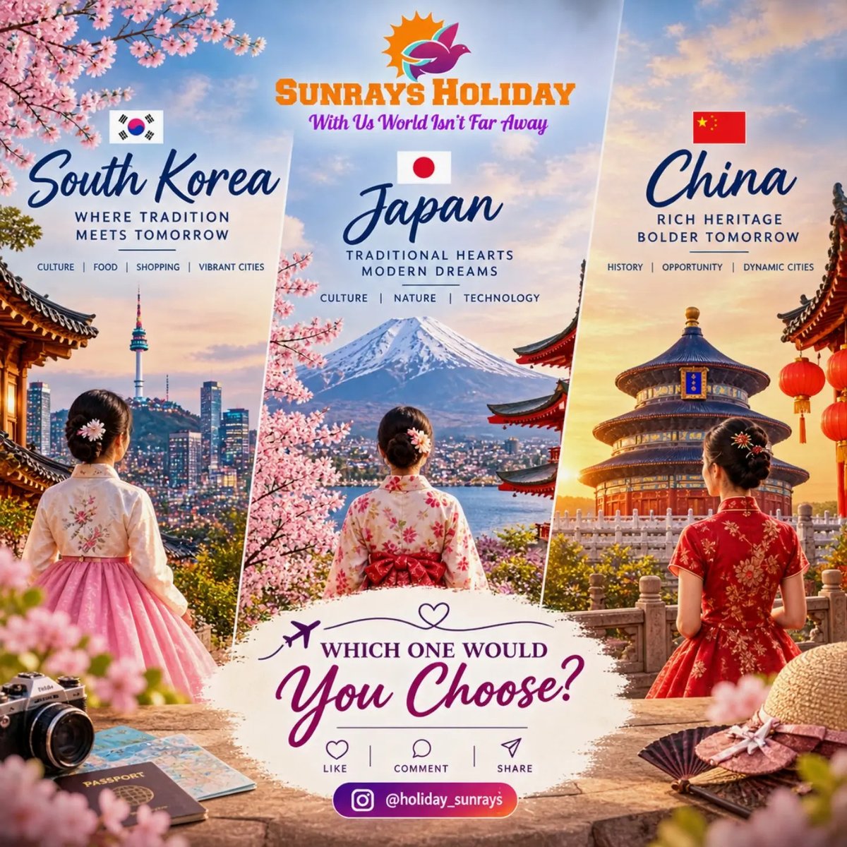 nutmegs76's tweet photo. If you could visit just one, which would you choose? South Korea: vibrant cities and K-culture. Japan: timeless traditions and stunning landscapes. China: rich history and iconic landmarks. Comment SOUTH KOREA, JAPAN, or CHINA and tell us why. https://t.co/1MAUUeKMOy