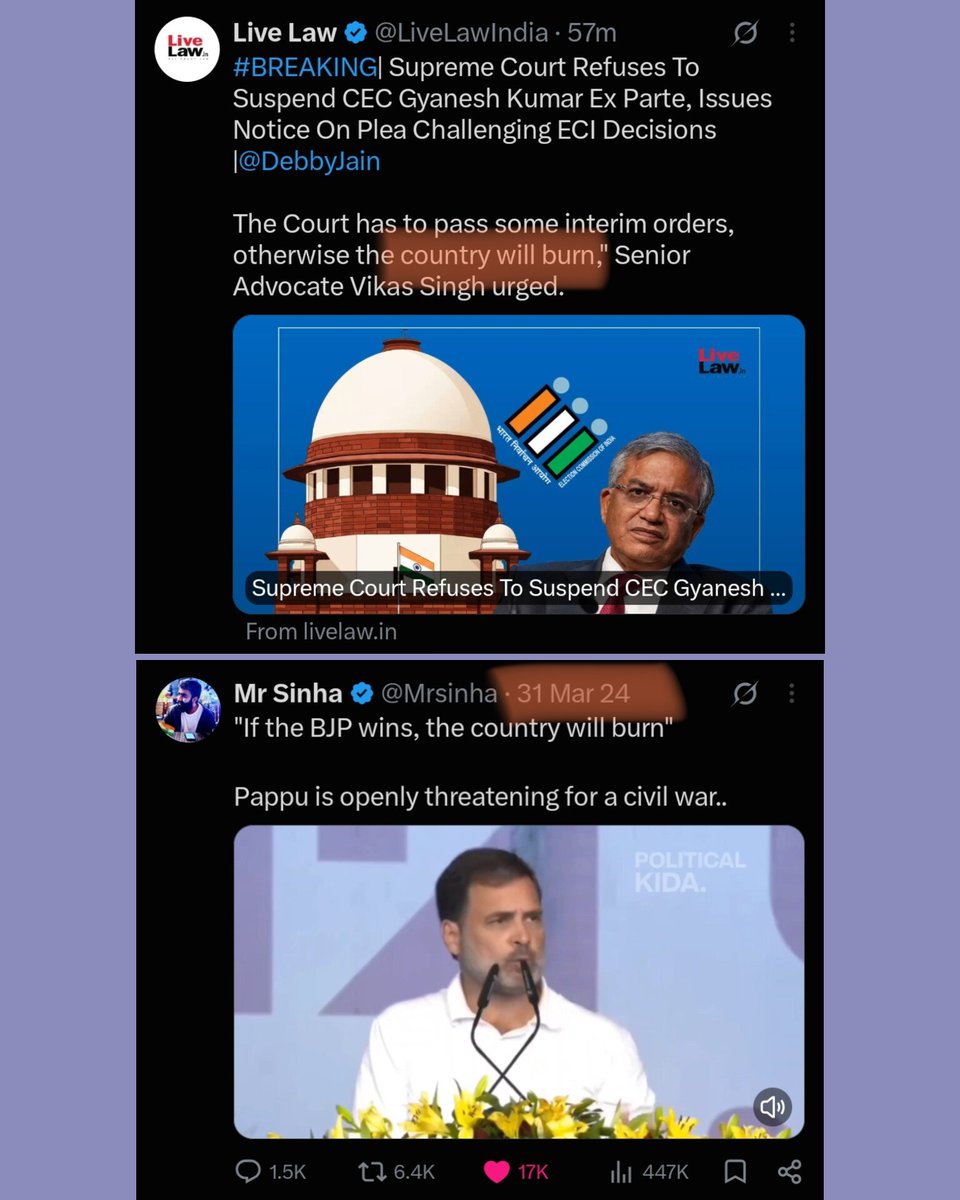 ArjyaNeel's tweet photo. Told y’all already.. this entire social media “Vote Chori” campaign + constant vilification of CEC Gyanesh Kumar > a calculated drama to manufacture chaos and push the country towards the kind of anarchy we’ve seen in Bangladesh and elsewhere during regime-change movements.

But here’s the real WTF moment.. a petitioner before the SC reportedly said the “country will burn” if interim orders aren’t passed against the CEC. Is that an admission, a threat, or both?

And yeah, we’ve heard similar “country will burn” rhetoric from Pappu before, so the source of the playbook isn’t exactly a mystery.

If the statement was actually made, there should be accountability for it. Enough of intimidation, pressure politics and mobocracy.. especially when the Constitution is being waved around as a shield. Ugh.