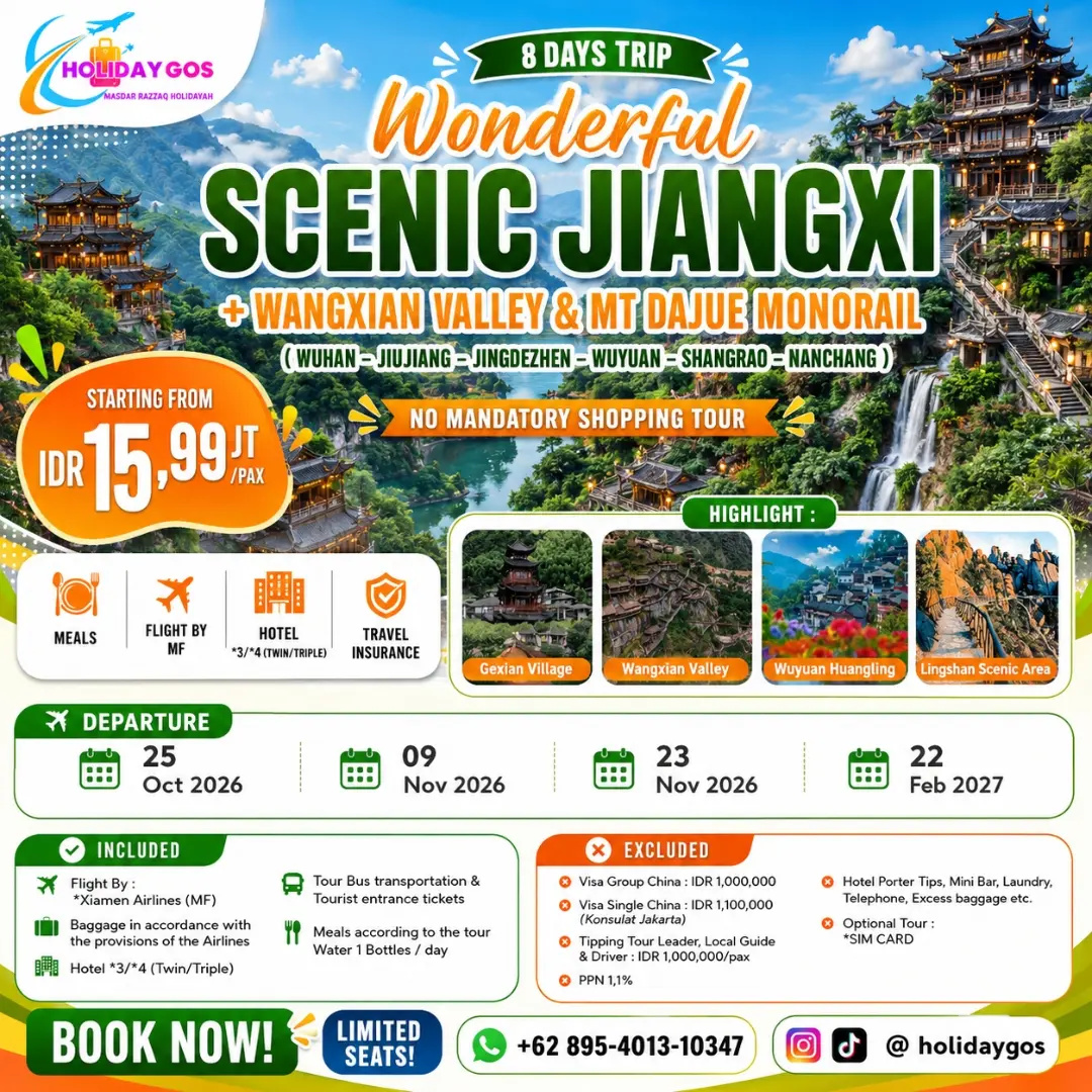BreOnnaKoonce's tweet photo. China ini wajib masuk wishlist! Jelajahi pesona Jiangxi selama 8 hari: Wuhan, Jiujiang, Jingdezhen, Wuyuan, Shangrao, hingga Nanchang. Tanpa mandatory shopping tour. Mulai IDR 15, 99 juta/pax. https://t.co/AZrxtKrjbU