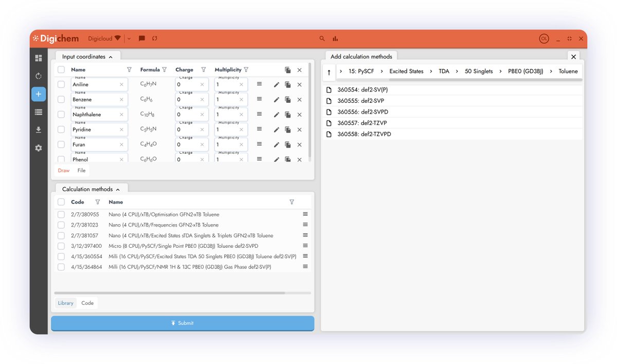 DigichemProject's tweet photo. Digichem lets you investigate everything. Define complex calculation chains in advance and submit as many molecules as you can dream of, our job scheduler will handle linking everything together. See it work here: https://t.co/VnwUmXF7y9 https://t.co/nvOqtpW3gM