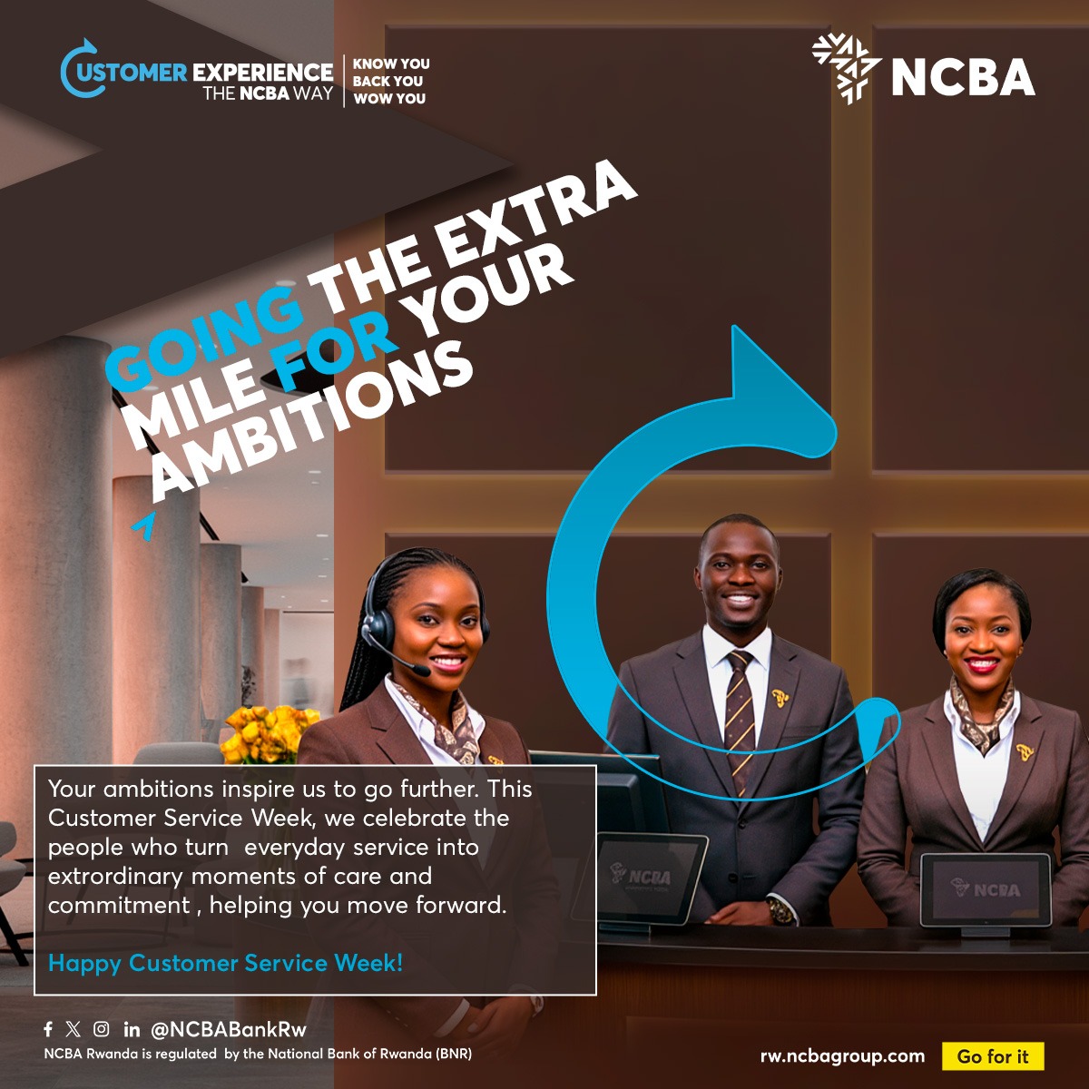 NCBABankRw's tweet photo. Today, we celebrate the trust you place in us every day. 
Your ambitions inspire us to go the extra mile and keep giving you more.
 
Happy Customer Service Week from all of us at NCBA Rwanda!

#customerserviceweek2026 #Goforit #Theextramile https://t.co/9jnHVhVIem