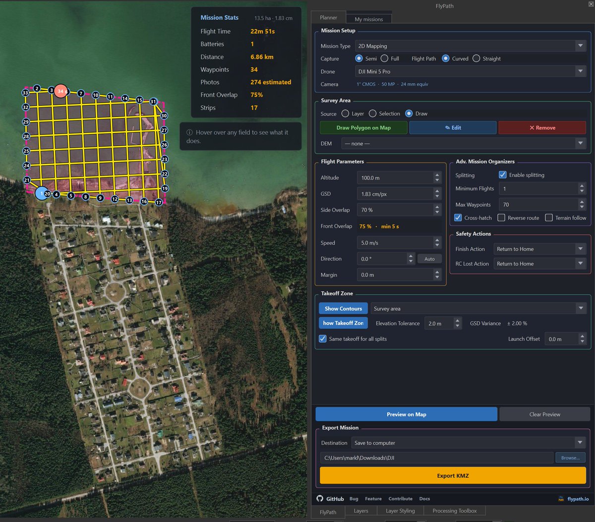 marklit82's tweet photo. FlyPath is an 11K-line, Python-based plugin for QGIS. It allows you to plan drone missions.

It can handle terrain, contours and elevation profiles. ~7 DJI drone models look to be supported atm.

Landing page: https://t.co/V6njW9hx6K

Code: https://t.co/Mt1GqPFU1o https://t.co/WydkfYKaIF