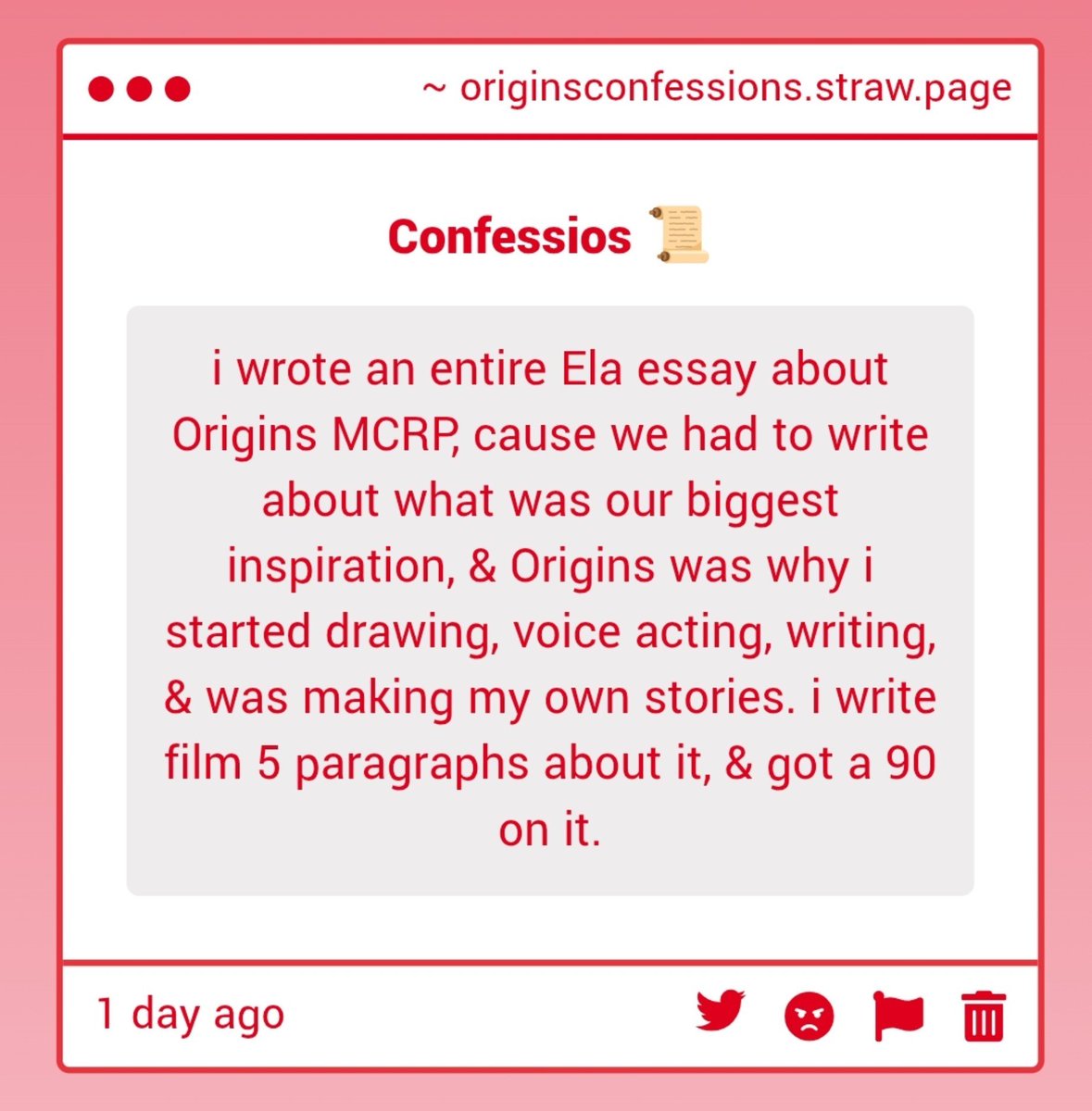 originconfessio's tweet photo. 🍀| "i wrote an entire Ela essay about Origins MCRP, cause we had to write about what was our biggest inspiration, &amp; Origins was why i started drawing, voice acting, writing, &amp; was making my own stories. i write film 5 paragraphs about it, &amp; got a 90 on it." -Anon https://t.co/qinm0b18ua