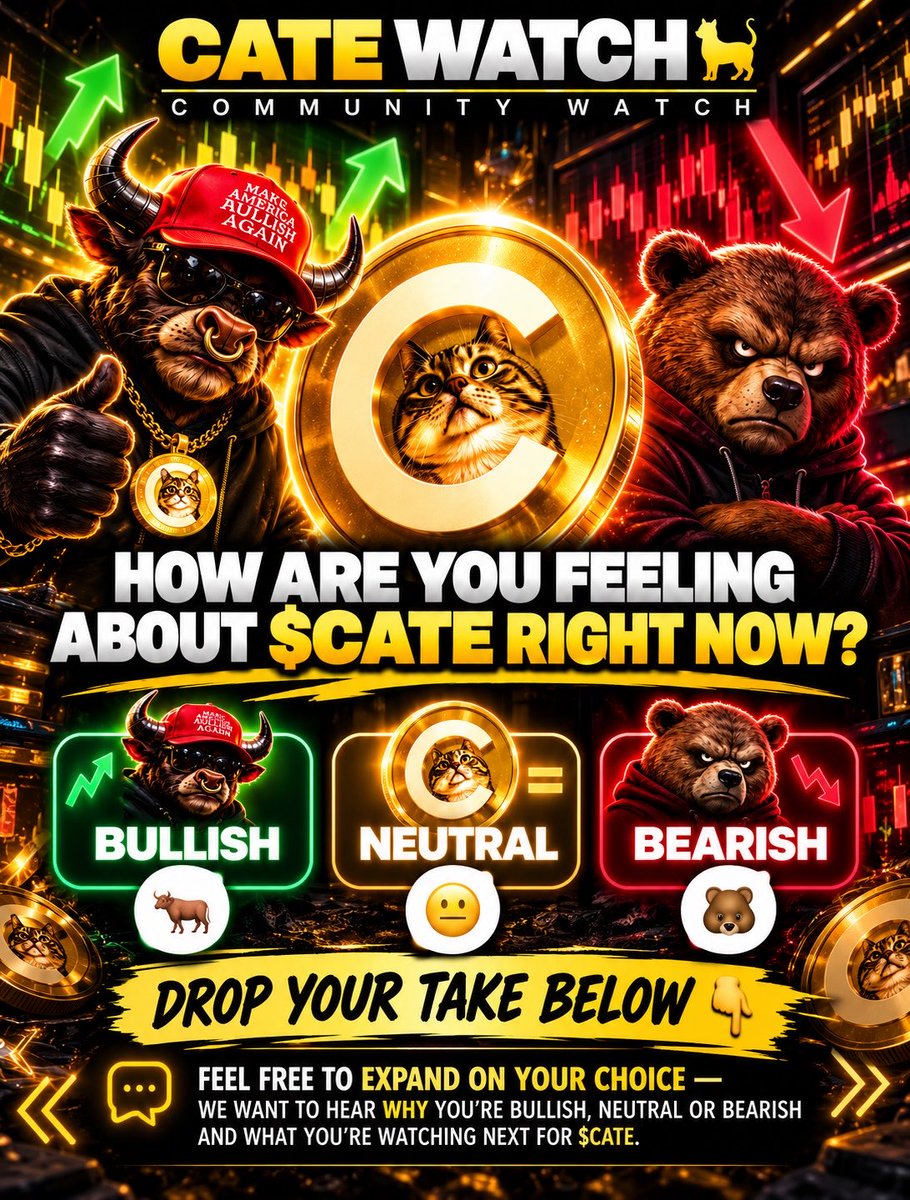 Catewatch's tweet photo. 🐈 solana:Ai66LHZG9MCzg1WKdawwqduVAXpNDUuV8M3uyq5ppump COMMUNITY CHECK

How are you feeling about $CATE right now?

🐂 BULLISH
😐 NEUTRAL
🐻 BEARISH

Drop your take below 👇

Don’t just vote — tell us WHY.

What are you watching? What makes you bullish, neutral or bearish? 👀

All takes are welcome. Let’s see where the $CATE community stands right now.

Follow @cate_watch for the latest $CATE news, market updates and community coverage. 🐈