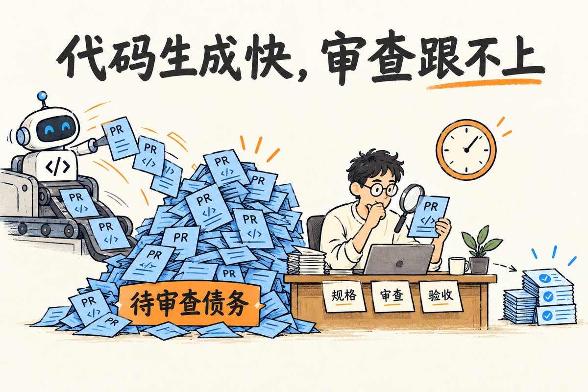 flingjie's tweet photo. 软件团队的最小交付物，正在从代码变成规格、审查、验收。代码不再只是最终产物，而越来越像可再生成的材料；真正需要维护和审计的，是规格、审查记录与验收证据。更尖锐的是：AI 产出快过人的审查速度时，多产出的代码不是生产力，而是待审查债务。 https://t.co/Bol6lcgQjc