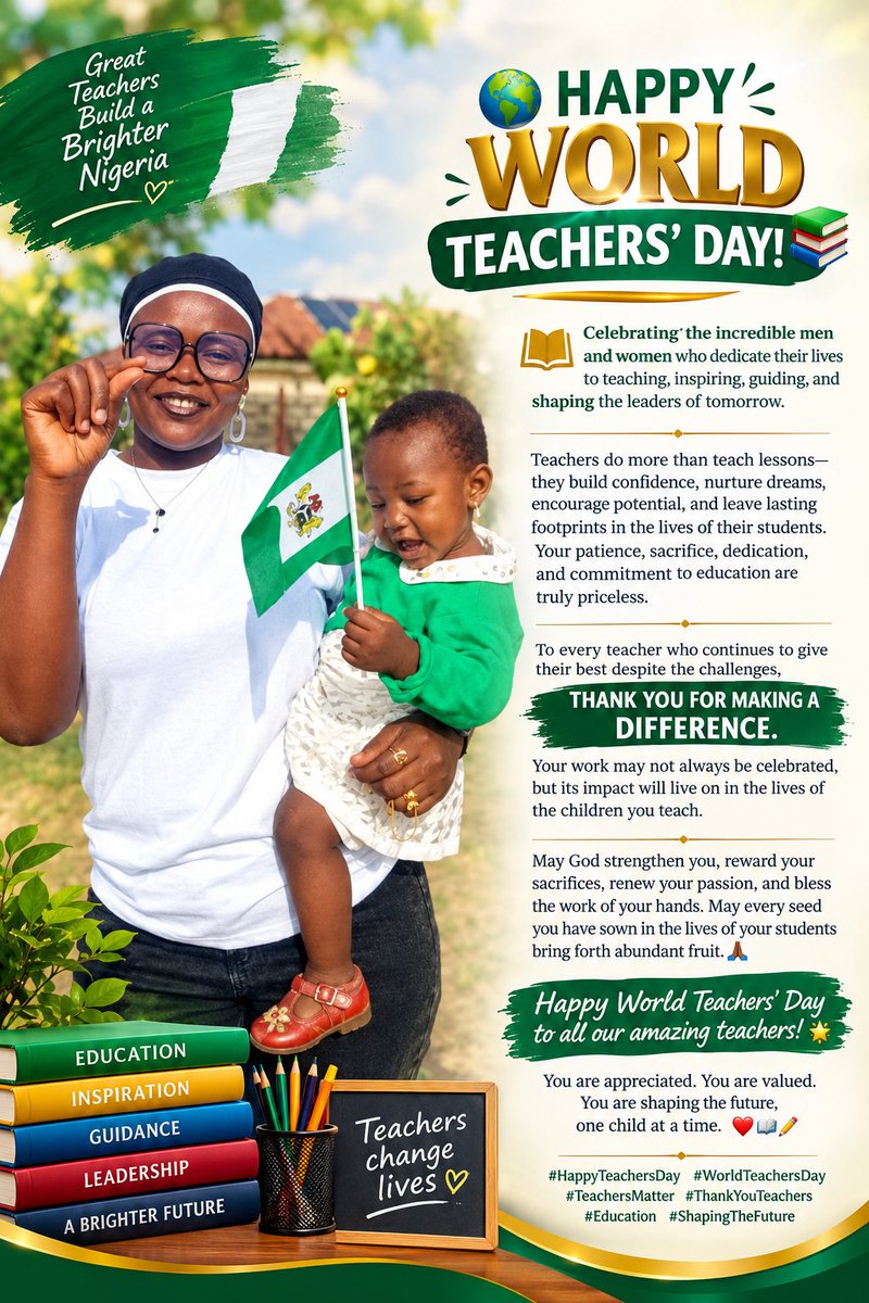 StarFrankl63802's tweet photo. 🌍📚 HAPPY WORLD TEACHERS’ DAY! 👩🏽🏫❤️
Today, we celebrate the amazing teachers who teach, inspire, nurture, and shape the future.
Behind every successful child is often a teacher who believed, encouraged, and never gave up.
#HappyTeachersDay #TeachersMatter #ShapingTheFuture https://t.co/qb9VB5sXPZ