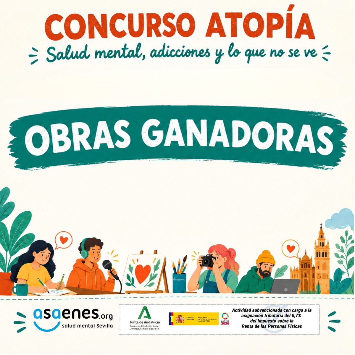 ASAENES's tweet photo. 🎨 ¡Conoce las obras ganadoras de ATOPÍA!

🏆Después de una deliberación llena de sensibilidad, creatividad y miradas diversas, ya tenemos las obras ganadoras de esta edición de Atopía. 

😃Un proyecto que busca dar espacio a la expresión artística, visibilizar diferentes realidades en torno a la salud mental y poner en valor el talento, las capacidades y las voces de las personas. 

OBRAS GANADORAS:

🏆 Categoría 1 · Relato Breve.
📖 “El tercer asalto” — Ramón Reche.

🏆 Categoría 2 · Obra visual.
🎨 “Rescate” — Ricardo Caballero.

🏆 Categoría 3 · Pieza libre.
✨ “Deshumanizándonos” — Fernando Pompa.

👏 ¡Enhorabuena a las personas ganadoras! Y gracias a todas las personas participantes por compartir su creatividad, sus miradas y sus voces a través de Atopía.

Pero… ¡esto no acaba aquí! 👀

📅 El próximo 10 de noviembre, las obras ganadoras se expondrán en las Jornadas de Puertas Abiertas que celebraremos en el Hogar Virgen de los Reyes,con motivo de la Semana de las Personas en Situación de Sinhogarismo.

🏆Además, será allí donde tendrá lugar la entrega de premios. 

✨Las obras serán publicadas próximamente.

¡Os esperamos el 10 de noviembre!

🔹Financiado por @igualdadAND gracias a la asignación tributaria del 0,7% del IRPF.