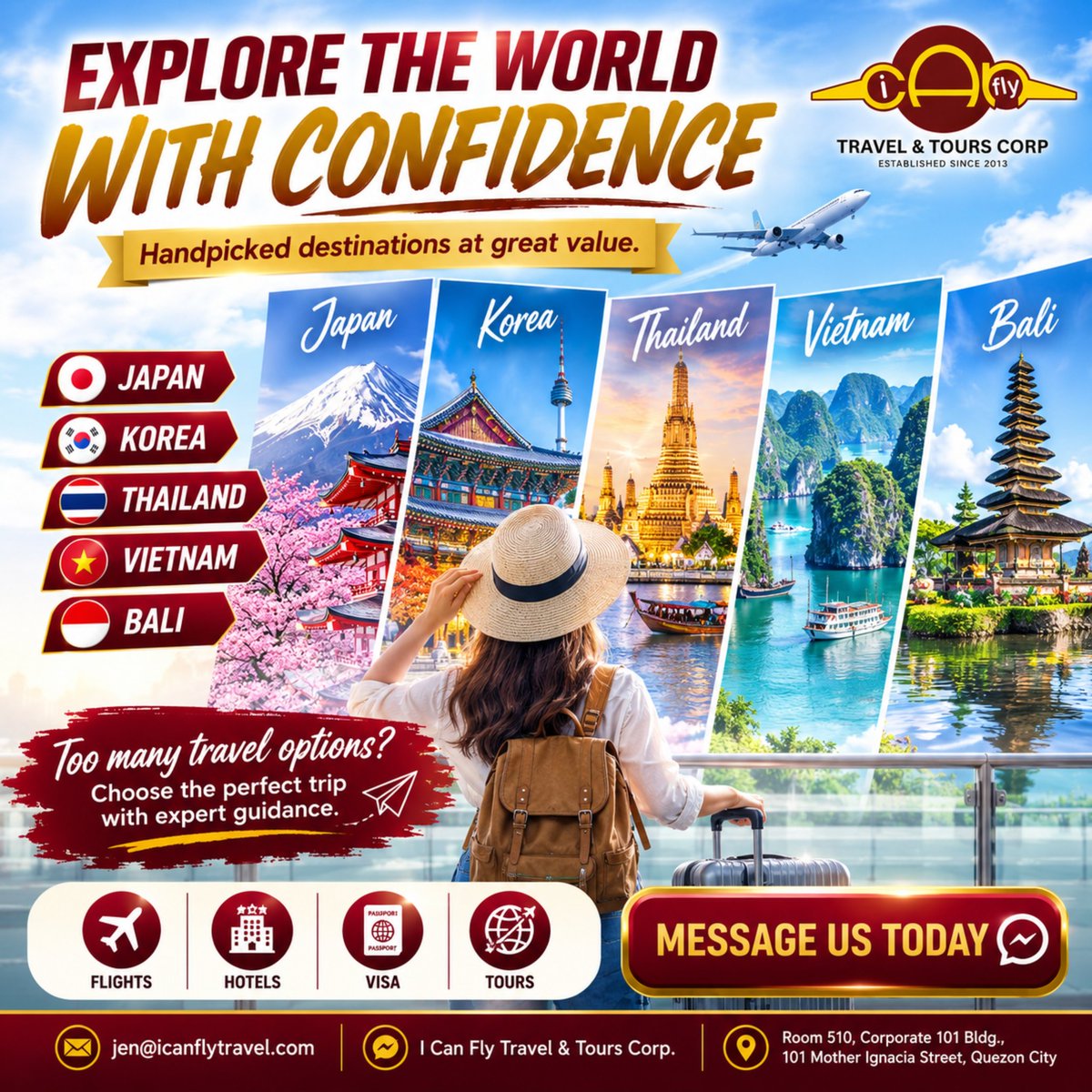 karina17mtz's tweet photo. Explore more. Travel smarter. Make every trip count. Discover Asia with I Can Fly Travel &amp; Tours Corp. From Japan to Bali, we help with flights, hotels, visas, and tour packages. Message us for travel options and trip details. https://t.co/6GjuXQmGtc