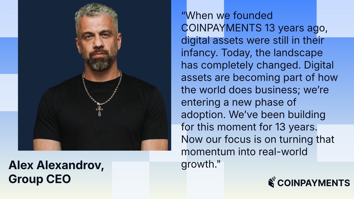 COINPAYMENTSNET's tweet photo. Founder Alex Alexandrov has been appointed Group CEO, leading the business as we build on our foundations and continue delivering the infrastructure needed for the next phase of digital asset adoption.

@ervichov https://t.co/XEH1DTW66u