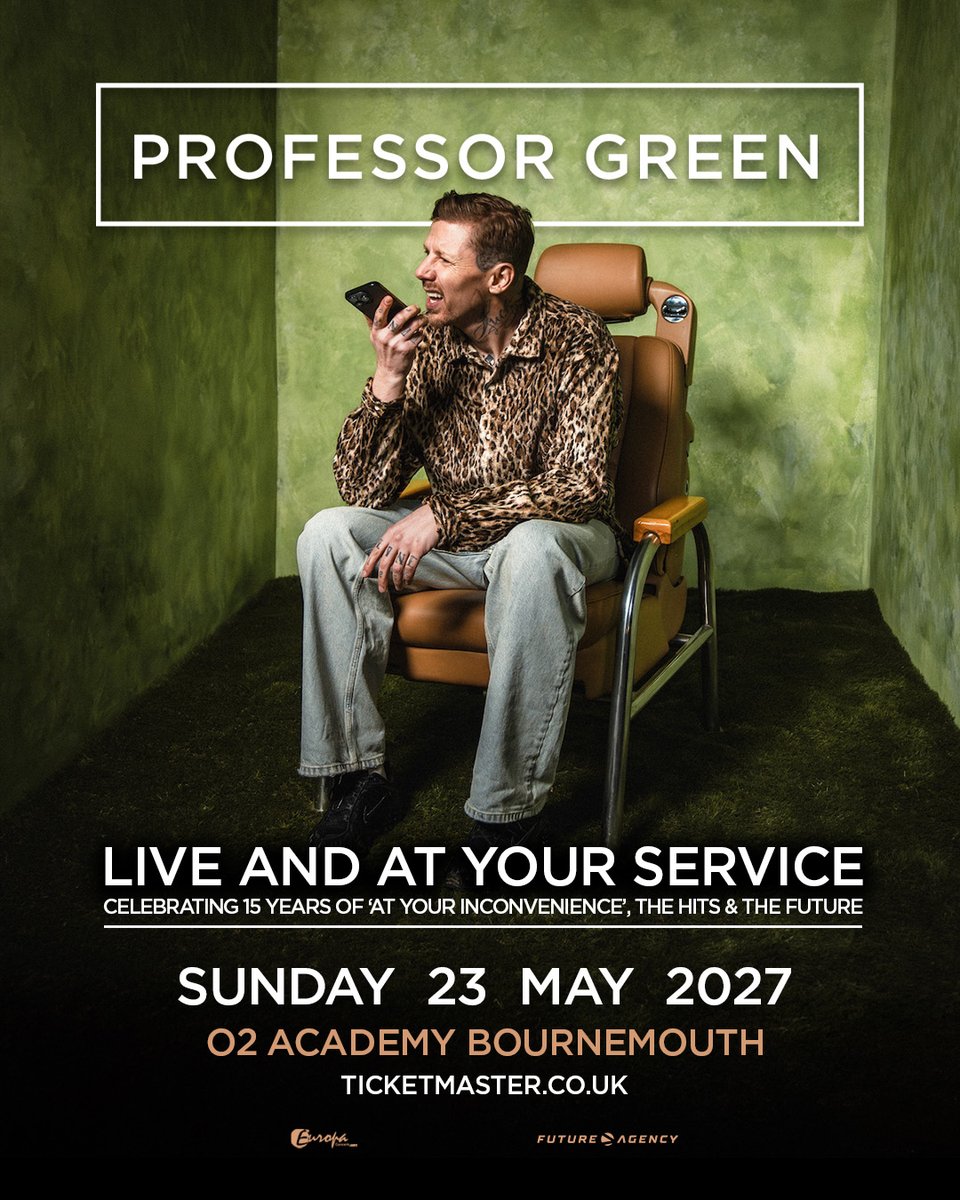 O2AcademyBmouth's tweet photo. NEW: Celebrating his biggest hits and the start of an exciting new chapter, multi-platinum artist @professorgreen returns to Bournemouth on Sun 23 May, with his brand new 'Live and At Your Service' tour.

Get your Priority Tickets from 10am on Wed 7 Oct 👉 https://t.co/hMVwrD8Chn https://t.co/Qs9TLm6Hgl