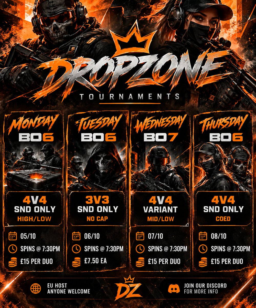 dropzone_cod's tweet photo. 🔥 DROPZONE WEEKLY TOURNAMENTS 🔥

Get your squad ready and lock in. 🔥

📲 Join the DROPZONE Discord for sign ups and info. 

https://t.co/XqLgYuK8Tq https://t.co/FhBpS63nS8