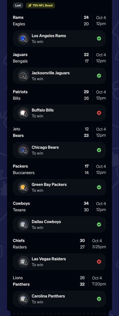 FadeTheBooks's tweet photo. 5/7, 6/8. Would’ve paid 10k. Bills and raiders 😢 I will be locked in for week 5 https://t.co/zvEVPe7yTs