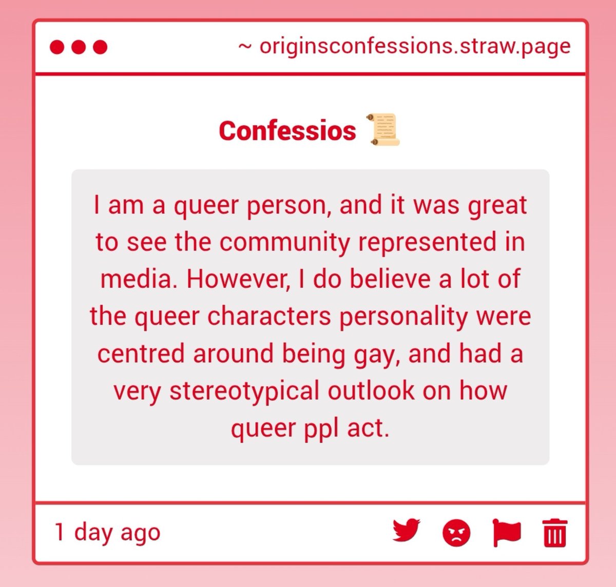 originconfessio's tweet photo. 🍀| "I am a queer person, and it was great to see the community represented in media. However, I do believe a lot of the queer characters personality were centred around being gay, and had a very stereotypical outlook on how queer ppl act." -Anon https://t.co/JkyaMrjyfm