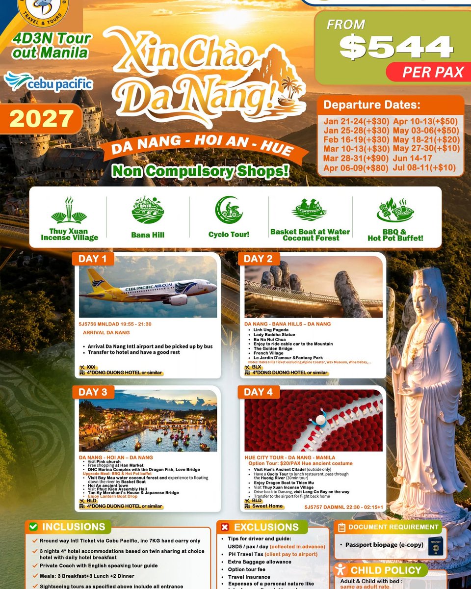 Santiago501's tweet photo. XIN CHÀO, DA NANG! Embark on a 4D3N Vietnam adventure through Da Nang, Hoi An and Hue. Explore Ba Na Hills, Golden Bridge, Coconut Forest, basket boats and local cuisine. From $544/pax. Selected departures January–July 2027. Book with Ironsanmig https://t.co/CjblEF45ug