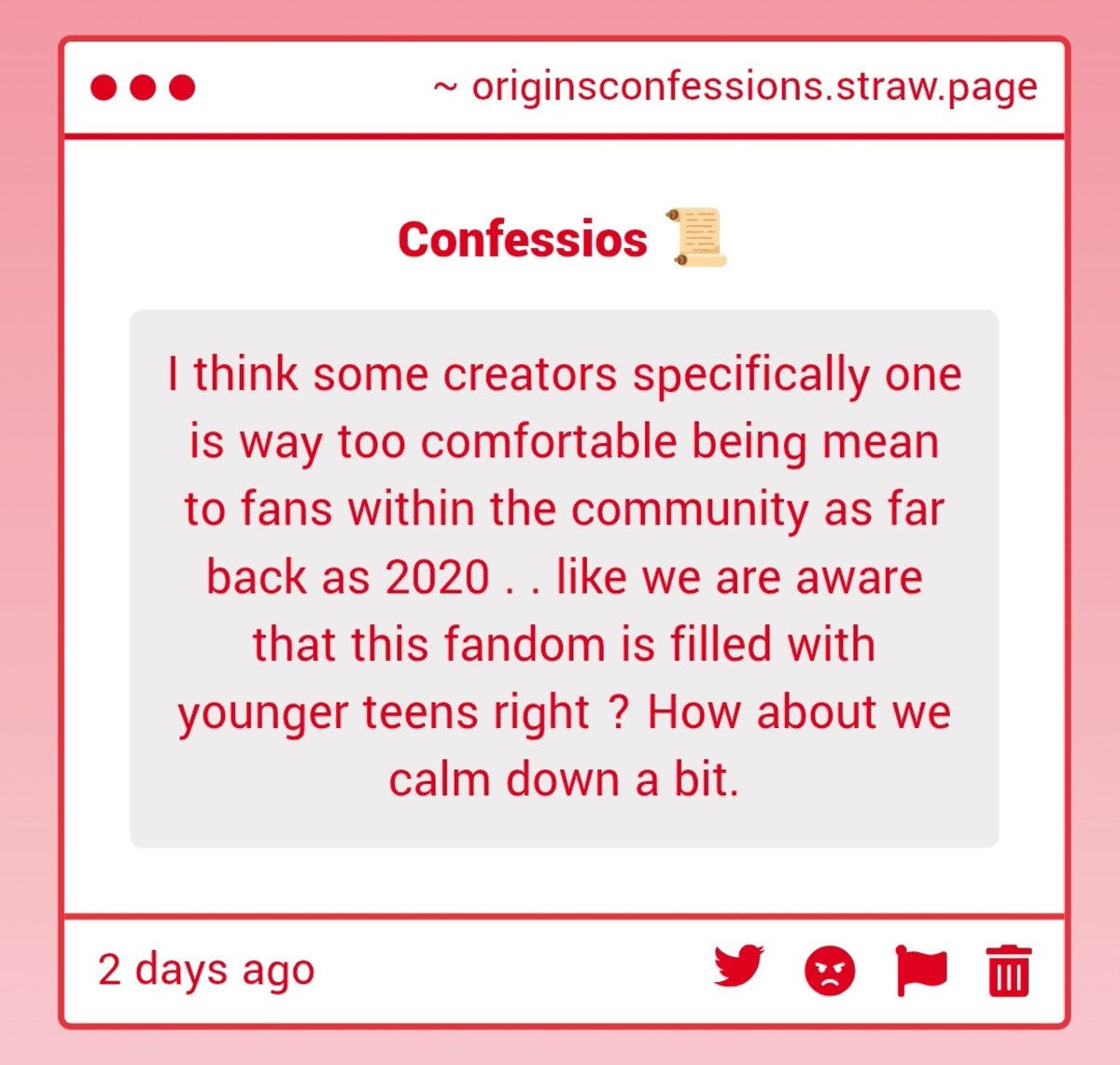 originconfessio's tweet photo. ☘️| "I think some creators specifically one is way too comfortable being mean to fans within the community as far back as 2020 . . like we are aware that this fandom is filled with younger teens right ?  How about we calm down a bit." -Anon https://t.co/DdCrljvAeW