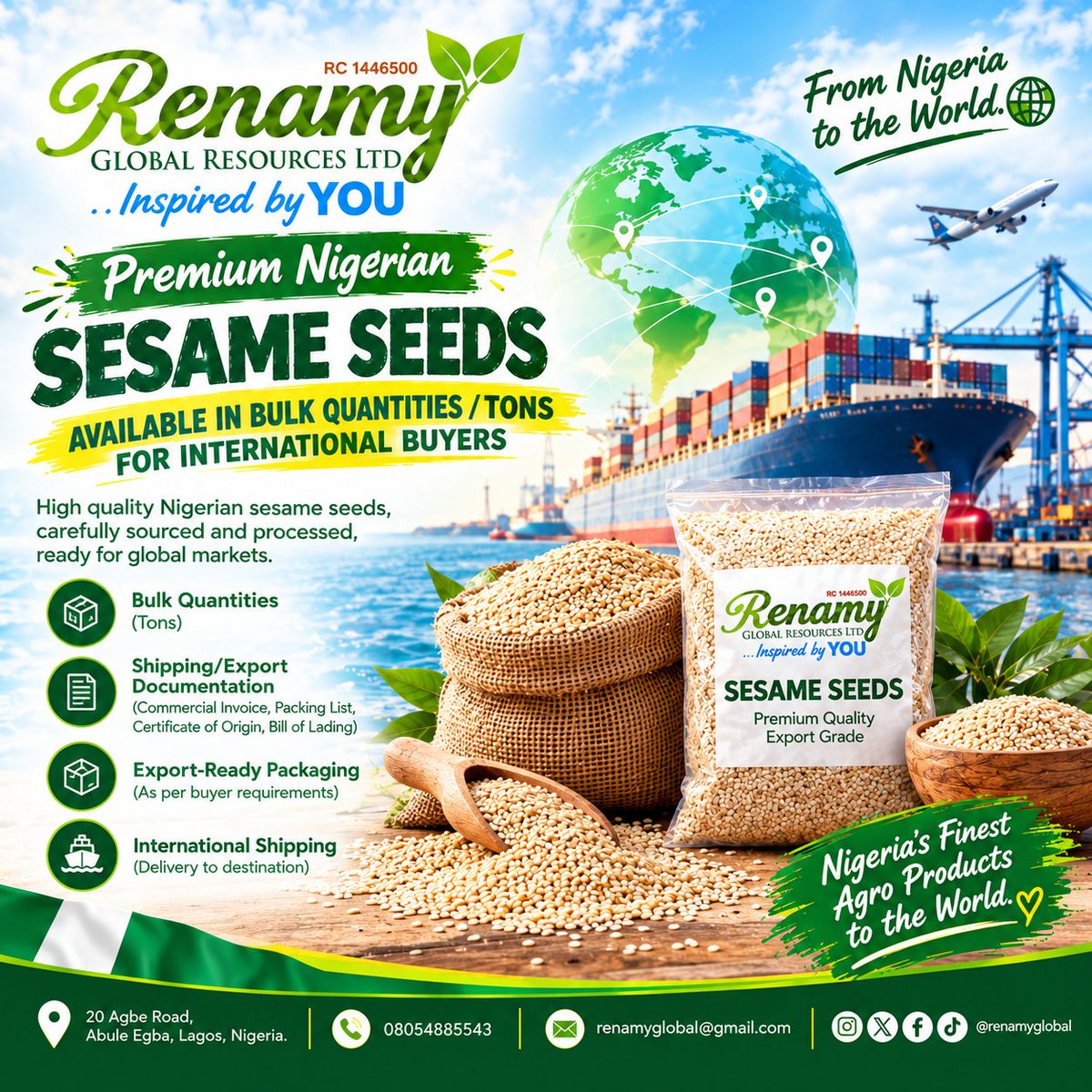 renamyglobal1's tweet photo. 🌱 Starting the week with quality you can trust.
Premium Nigerian sesame seeds, carefully sourced and ready for buyers across the globe. 🌍 Bulk quantities, tons, and shipping documentation available.
#Renamy #SesameSeeds #AgroExport #NigeriaToTheWorld https://t.co/Wk4YN4oWp5