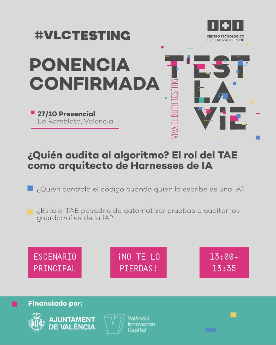 ITI_TIC's tweet photo. La IA puede generar miles de líneas de código en minutos.
Pero ¿quién comprueba que todo eso está bien?
En #VLCTESTING2026, Cristian Bietti y Germán Caycedo, de Globant, hablarán de harnesses de IA, TDD, SDD y del nuevo papel del TAE como auditor de los tests que gobiernan a la IA.
📌 ¿Quién audita al algoritmo?
🗓️ 27 OCT · 13:00 - 13:35
📍 La Rambleta, Valencia
🎟️ https://t.co/3wWW7dTaQ8
#SoftwareTesting #IA #QA