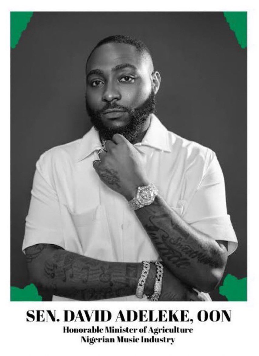 Chartdatad's tweet photo. Afrobeats most notable agriculturist @davido has been appointed as the new Minister of Agriculture by the FGN 

This decision was taken after his innovative idea to incorporate agriculture into the nigeria music system.

BABA IMADE OLOWO EDE OSUN✊🏿 https://t.co/xs6wlJo2ZM