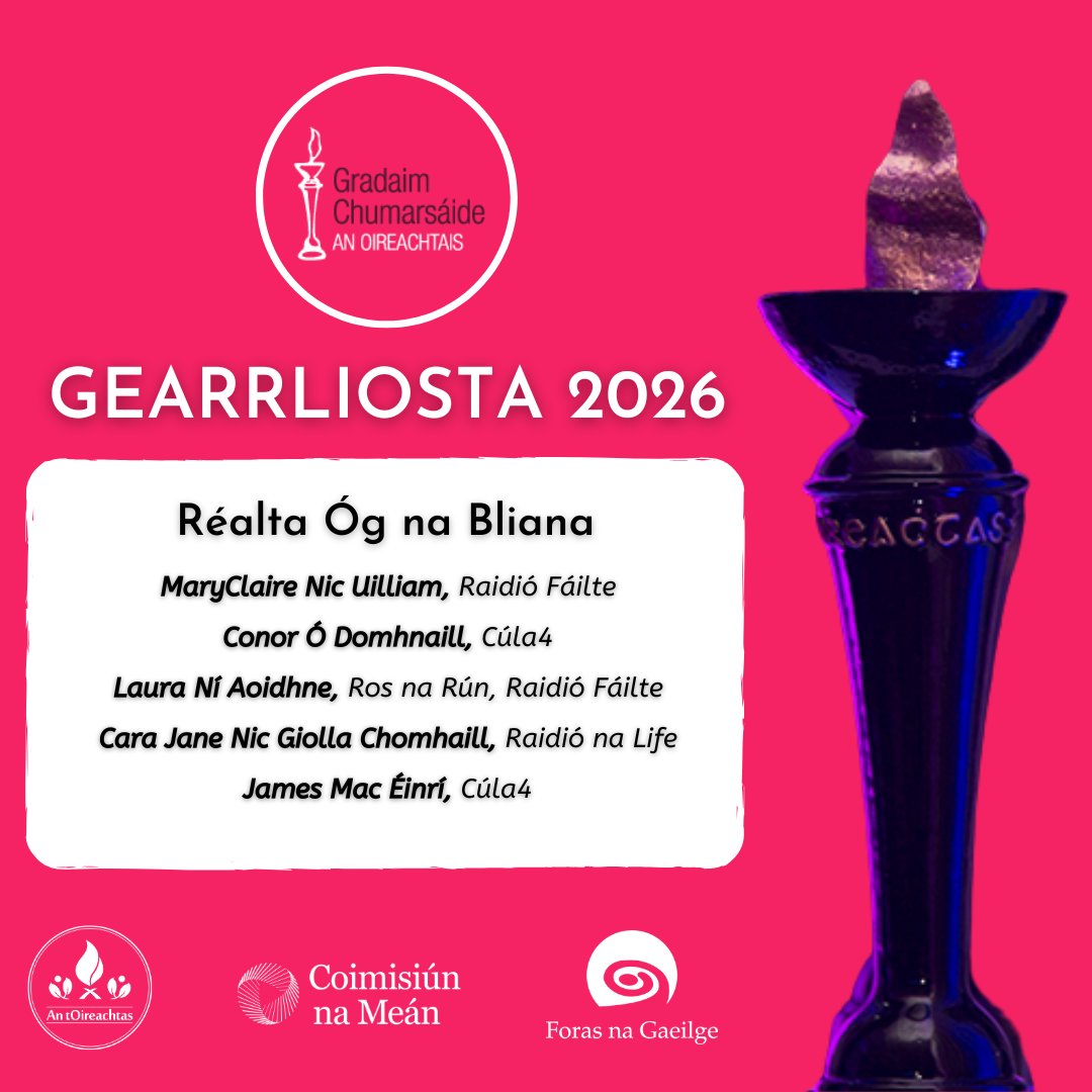 OirnaGaeilge's tweet photo. Comhghairdeas leis na Réaltaí Óga ar fad atá ainmnithe ar ghearrliosta na bliana seo. Tá an vótáil oscailte anois agus ar fáil ag https://t.co/tP8RdmdzSS.
#Gradaim26 #Oireachtas2026 #OnaS26 https://t.co/1X0BXm6isT