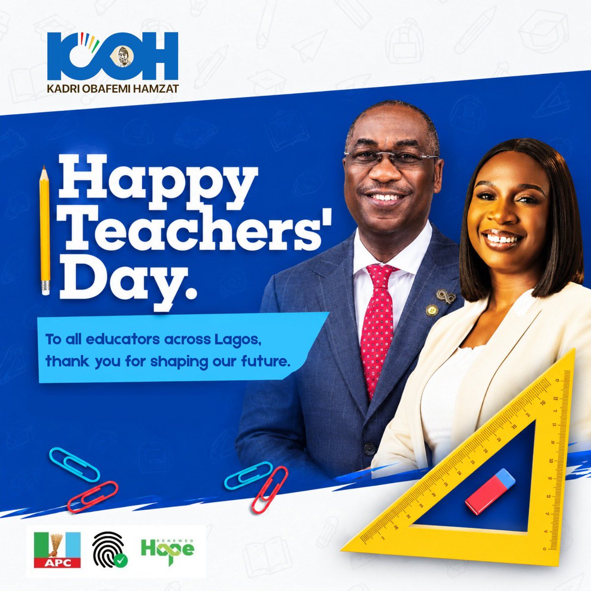 Kohtinuity2026's tweet photo. Happy Teachers’ Day to the incredible educators across Lagos State!

Every great society is built by people who take the time to teach, guide and inspire the next generation.
To every teacher who shows up each day with patience, dedication and purpose, thank you.

Your work reaches far beyond the classroom; you are helping shape the future of Lagos and Nigeria.
May your dedication continue to be recognised, supported and rewarded. Today, we celebrate you and the difference you make. 

Happy Teachers’ Day!

#KOHTinuity27
#RoadToKOHtinuity
#KOHMovement