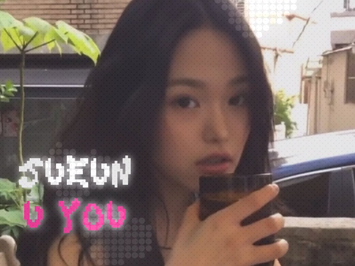 A young woman holding a phone, with pixelated text 'SUGA' in white and 'b you' in pink overlaid on the image.