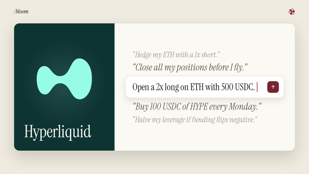 bloom_directory's tweet photo. Petal of the week: Hyperliquid.

Perps and spot through the agent you already use. Your trading strategy is now just a sentence.

Protect: "Hedge my ETH with a 1x short."
Automate: "Buy 100 USDC of HYPE every Monday."
React: "Halve my leverage if funding flips negative."
Step away: "Close all my positions before I fly."

We didn't build any of these as features. They're strategies you describe in your own words and combine however you like, and your agent turns them into orders.

Every trade is checked against your policies before it's signed.

What would you run? 👇
