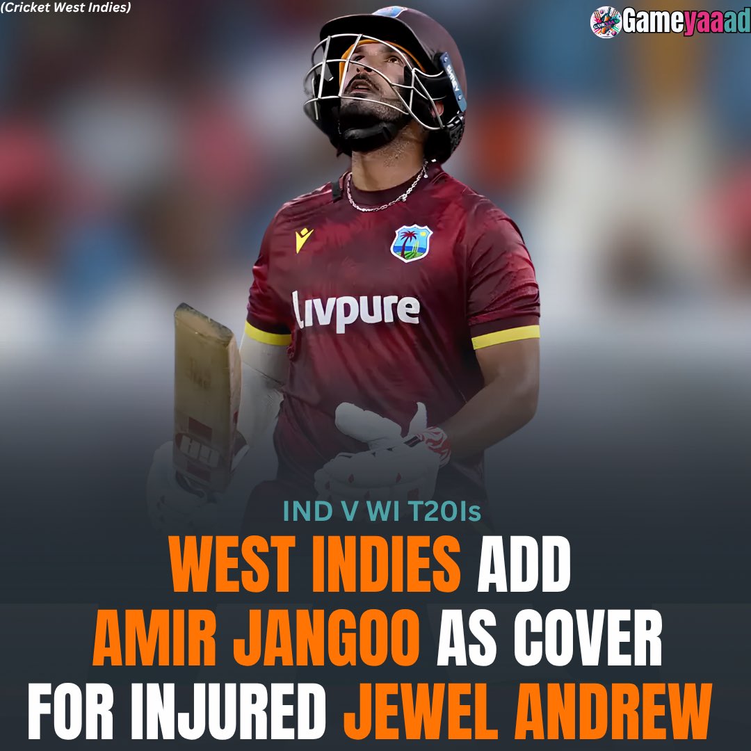 gameyaaad's tweet photo. Amir Jangoo, the wicketkeeper-batter, has been added to West Indies' T20I squad for the upcoming games in India as cover for Jewel Andrew, who sustained a finger injury during the third ODI against India
#INDvWI | #WindiesCricket | #MeninMaroon | #Gameyaaad https://t.co/YiKdV3X9a3