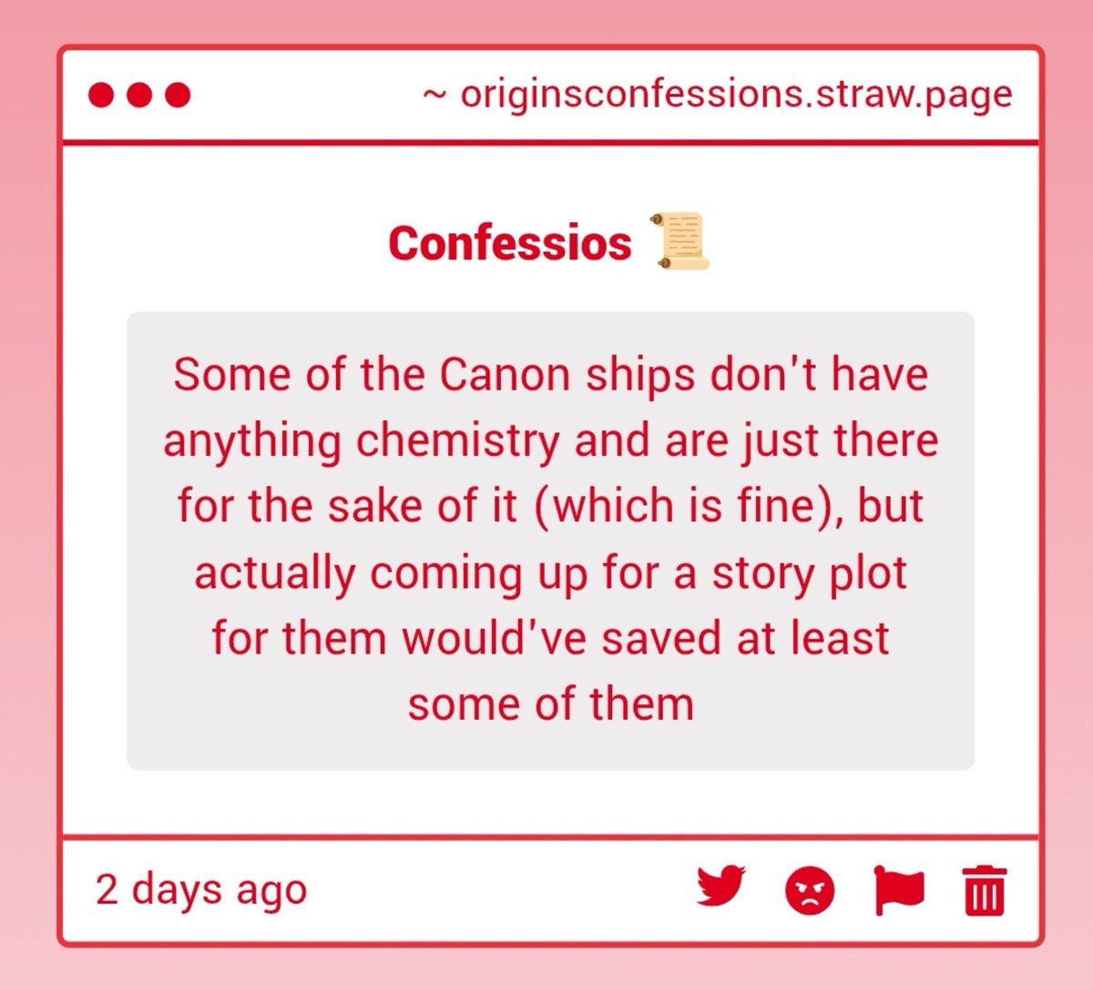 originconfessio's tweet photo. ☘️| "Some of the Canon ships don't have anything chemistry and are just there for the sake of it (which is fine), but actually coming up for a story plot for them would've saved at least some of them" -Anon https://t.co/P7KUpFw39y