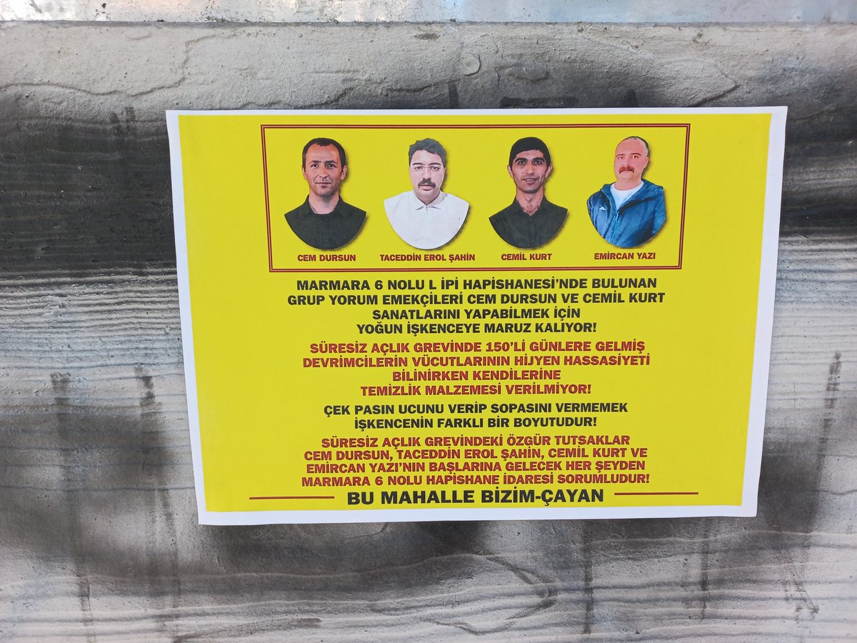 bizimcayan's tweet photo. BU MAHALLE BİZİM-ÇAYAN 
süresiz açlık grevindeki özgür tutsaklar
cem dursun, taceddin erol şahın, cemil kurt ve
emircan yazı’nın başlarına gelecek her şeyden
marmara 6 nolu hapishane idaresi sorumludur! @4tayadliaileler @KrKalem_1994 @Okmburasi @sarigazi3698 @halknsesi26 https://t.co/rQTKDOmKFo