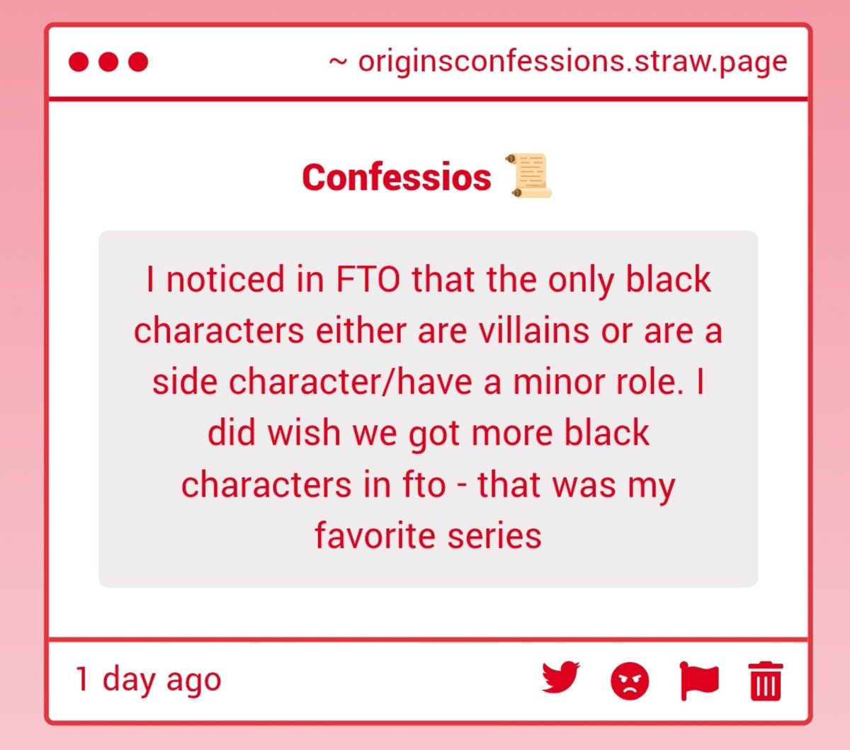 originconfessio's tweet photo. 🍀| "I noticed in FTO that the only black characters either are villains or are a side character/have a minor role. I did wish we got more black characters in fto - that was my favorite series" -Anon https://t.co/zir5EZTmt5