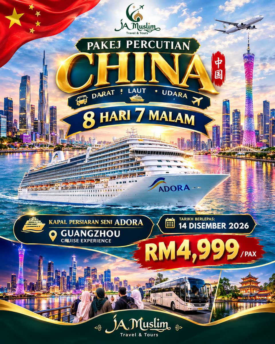 aly_94's tweet photo. Terokai China dengan pengalaman luar biasa: 8H7M Guangzhou Cruise Experience bersama Seni Adora Cruise. 14 Disember 2026
RM4, 999 seorang

Nikmati bandar China, perjalanan darat selesa dan pelayaran eksklusif. Tempat terhad. Hubungi 012-823 3863 https://t.co/SkG6fcmIUr