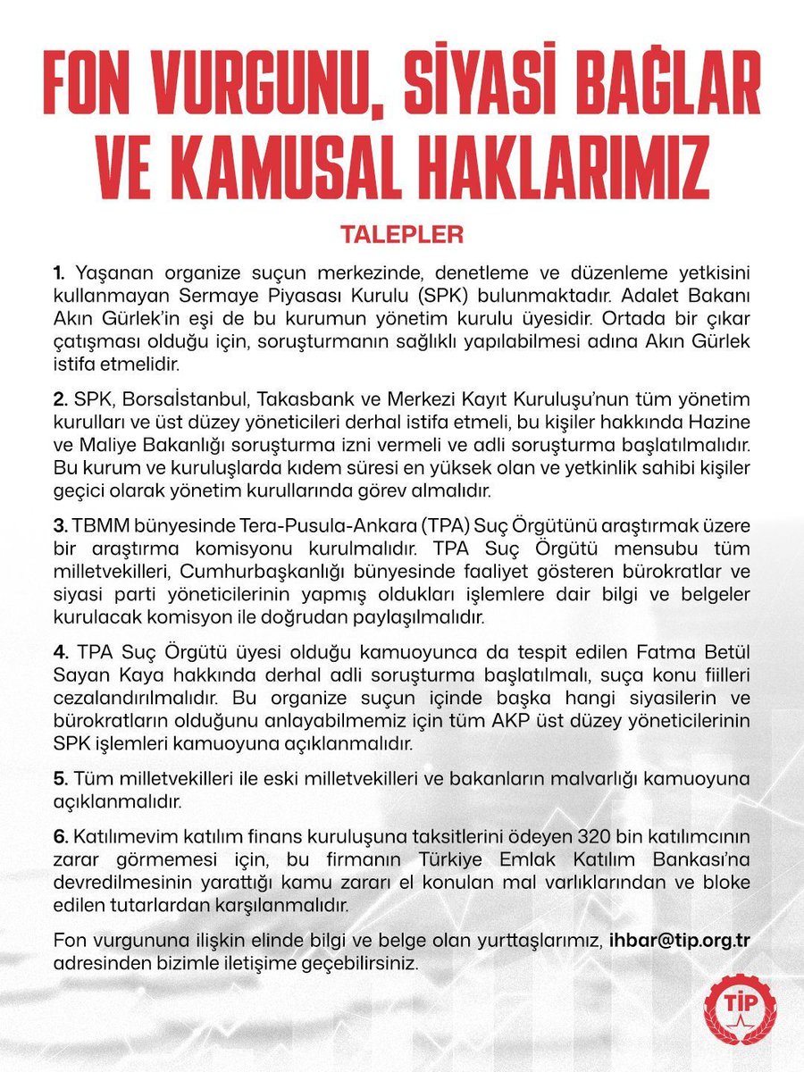 tipgenelmerkez's tweet photo. Siyasetten bürokrasiye kadar pek çok kurumun karıştığı fon vurgunu skandalının faturasını birkaç “çürük elmaya” çıkarıp işin içinden sıyrılamazsınız.

Yüzbinlerce emekçinin mağduriyetinin giderilmesi için aşağıdaki taleplerin derhal karşılanması zorunludur! https://t.co/o2fqGobKN2